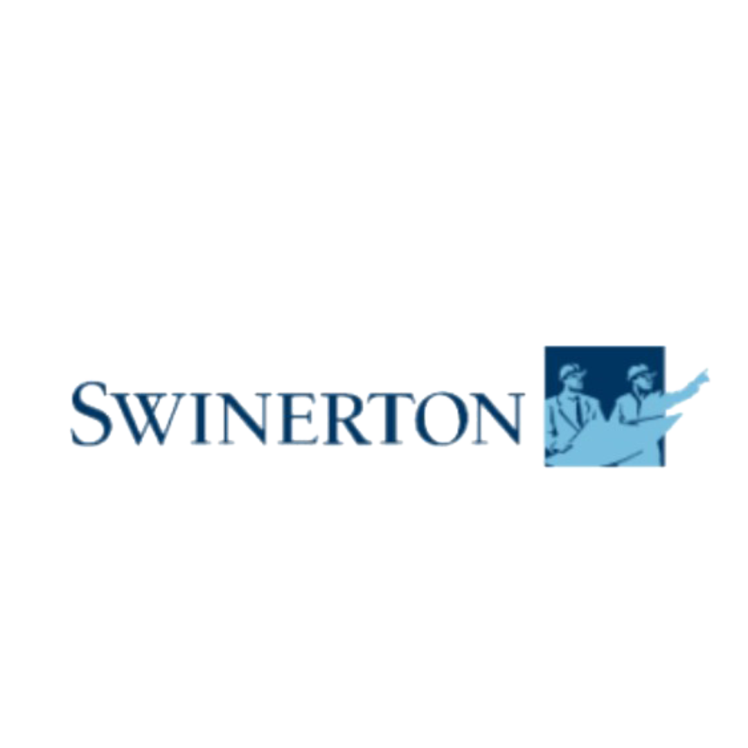 Logo for SWINERTON featuring a dark background, the company name in blue, and an image of two workers in hats and overalls holding a blueprint.