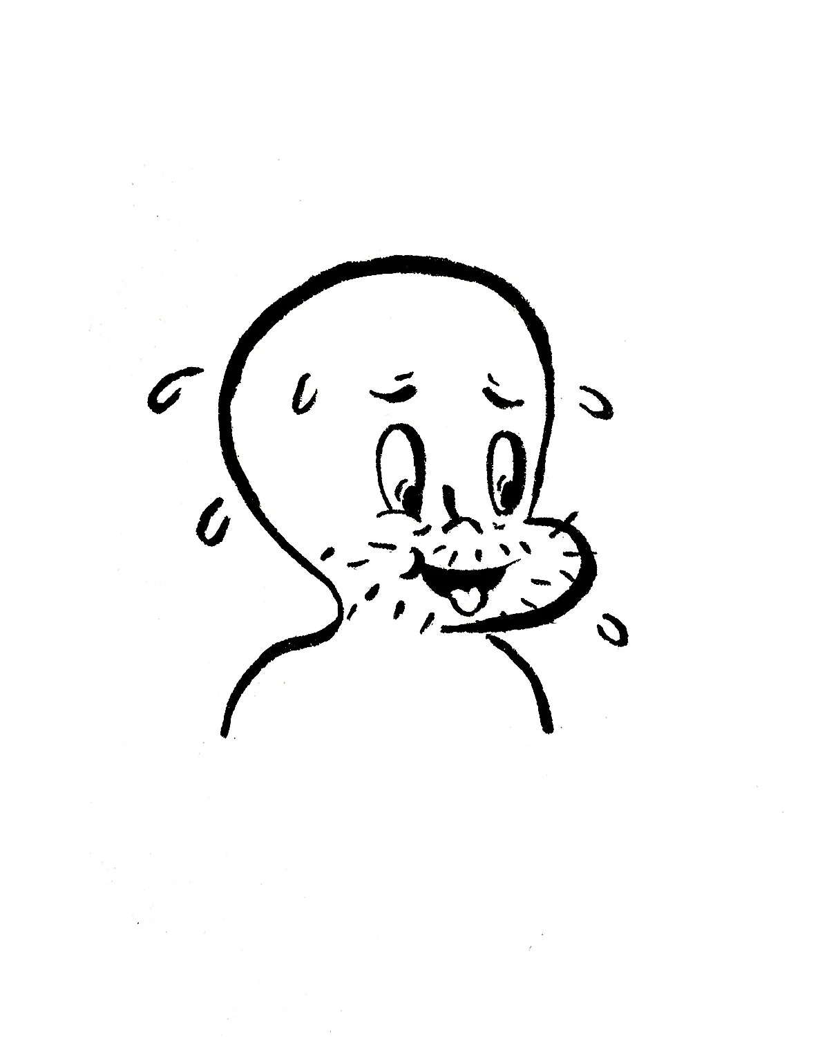 Black and white cartoon drawing of a smiling, happy man with a beard, mustache, and bald head, looking joyful and surrounded by small droplets.
