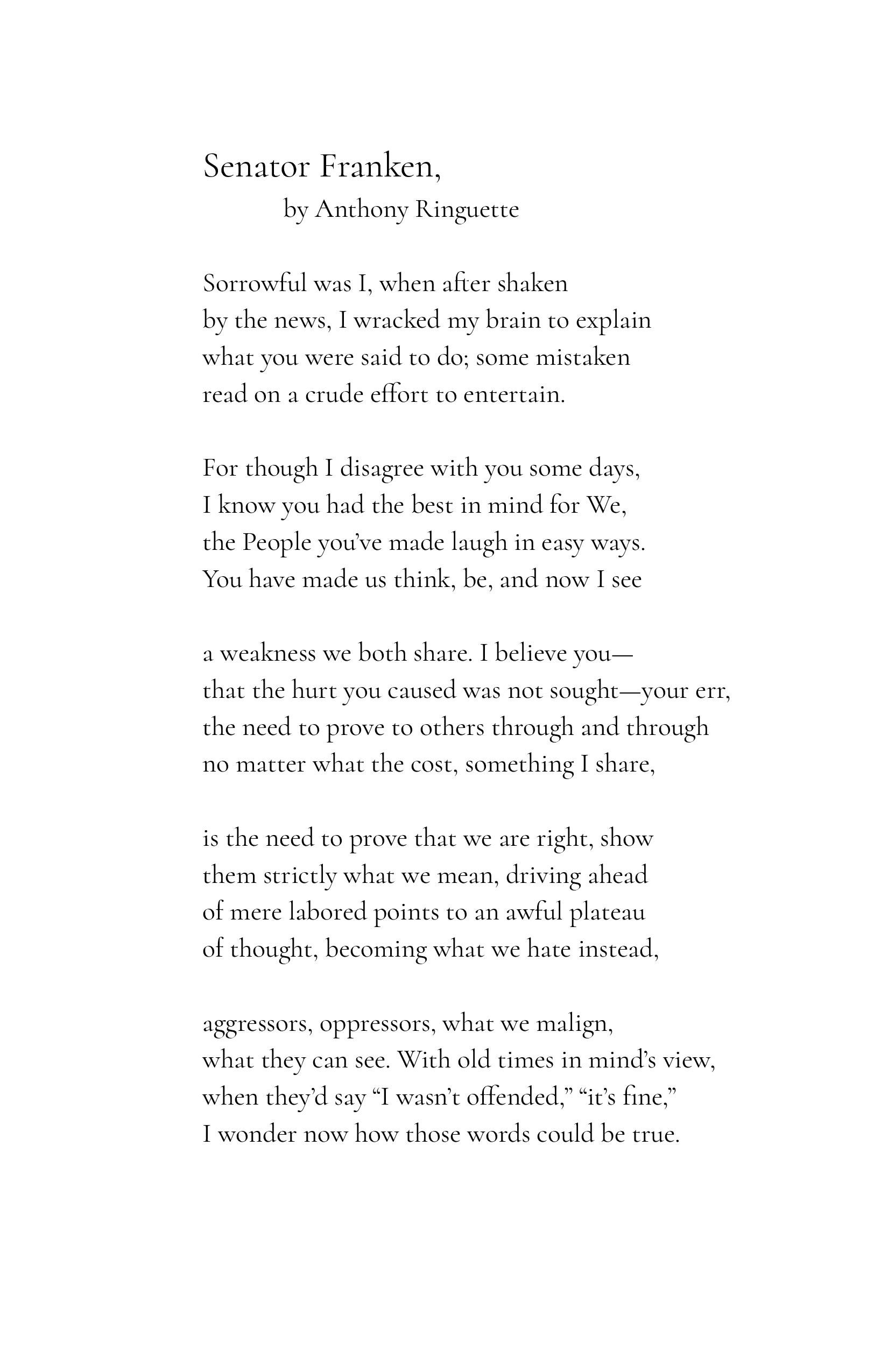 A printed poem titled "Senator Franken" by Anthony Ringuette, displayed on a white background.
