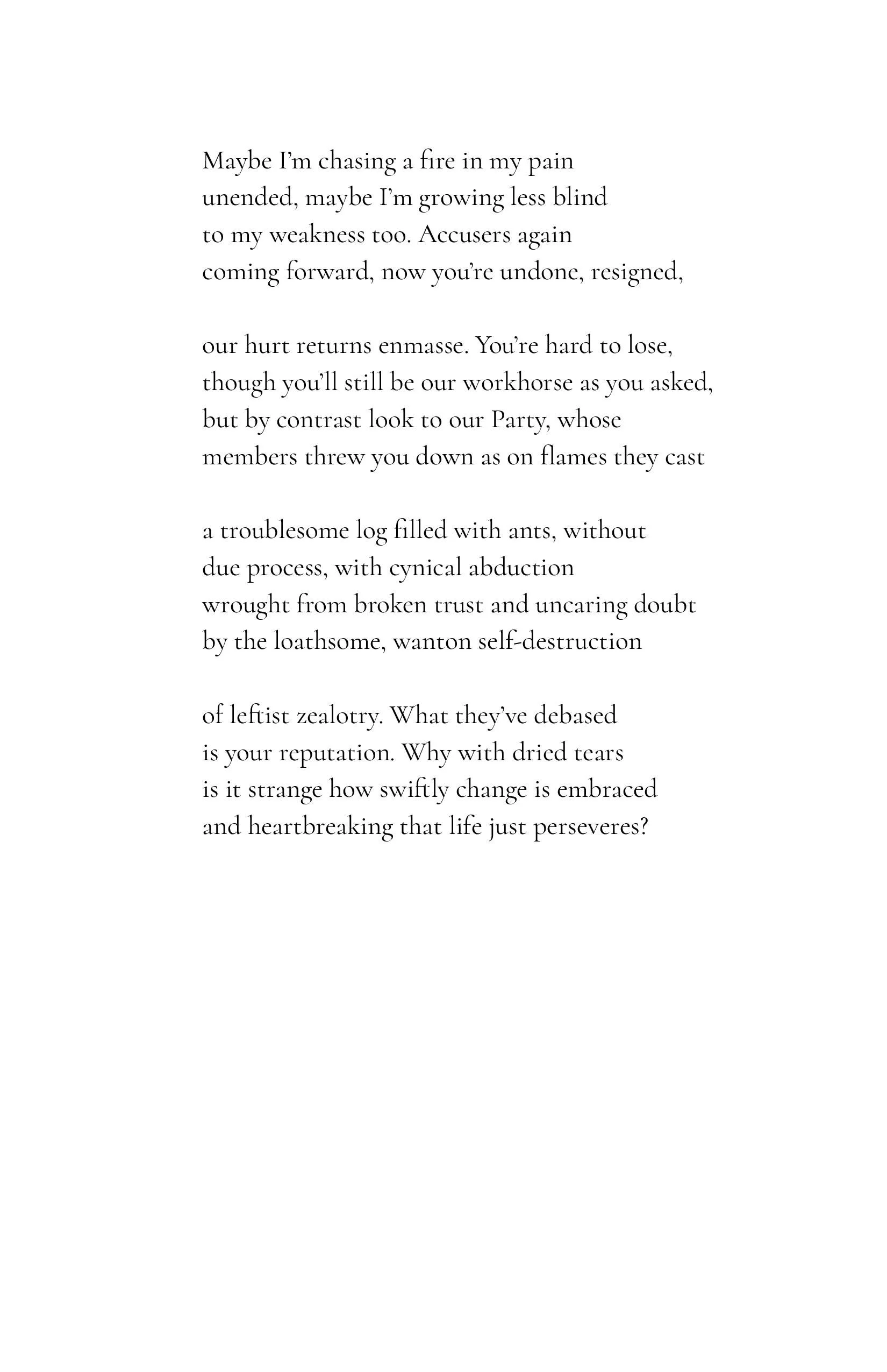 A poem with lines about pain, weakness, trust, betrayal, and change, written in black text on a white background.