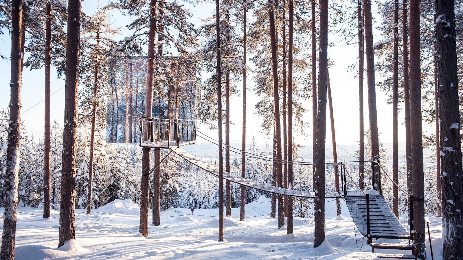 “Treehotel mirrored cabin among tall pine trees in a snowy Scandinavian forest at sunrise.”