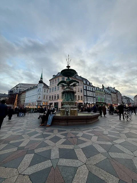 “Geometric stone flooring in a historic Copenhagen square with a central fountain.”