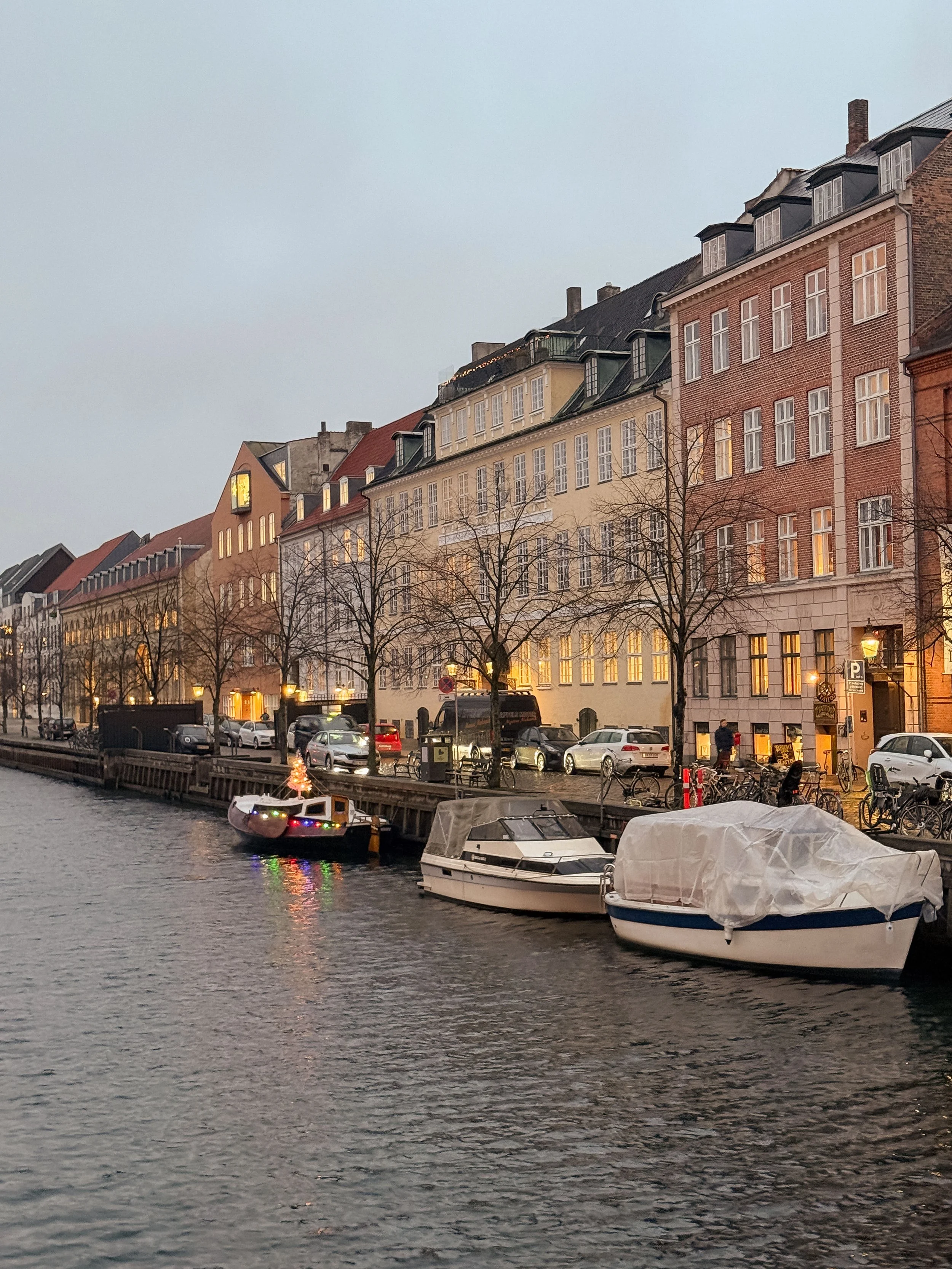 Boats Moored Along a Canal at Dusk in Copenhagen