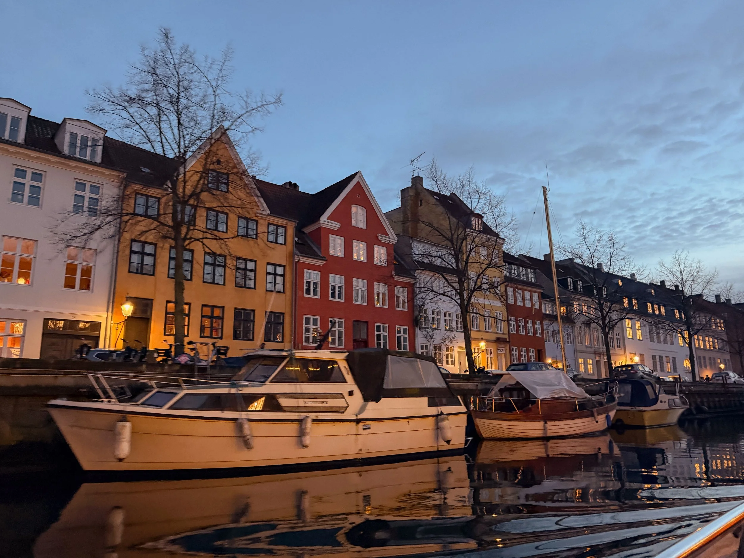 Boats Moored Along a Harbour at Blue Hour in Copenhagen