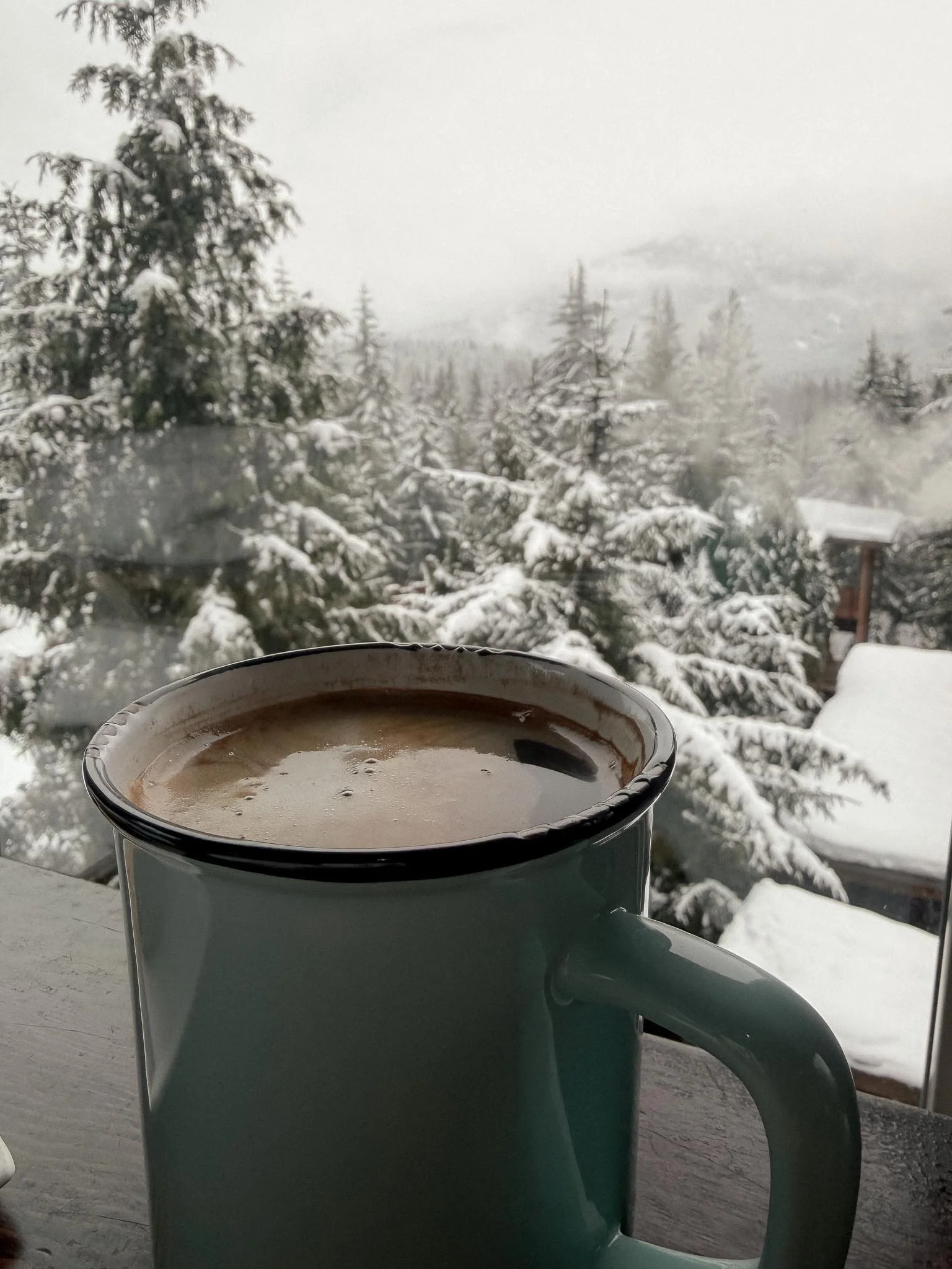 Hot Coffee with Snowy Forest View at Scandinave Spa Whistler