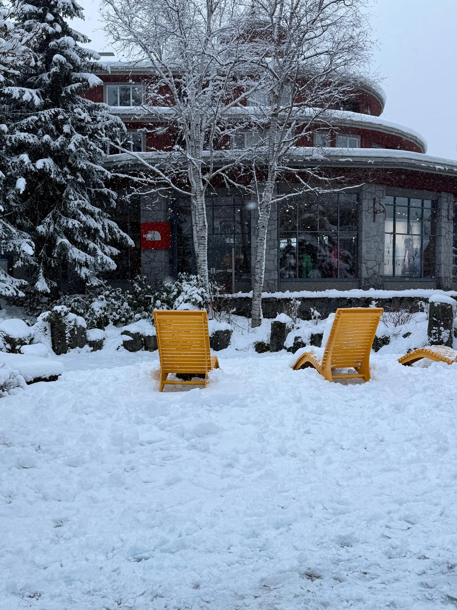 Yellow Chairs in the Snow, Whistler Village