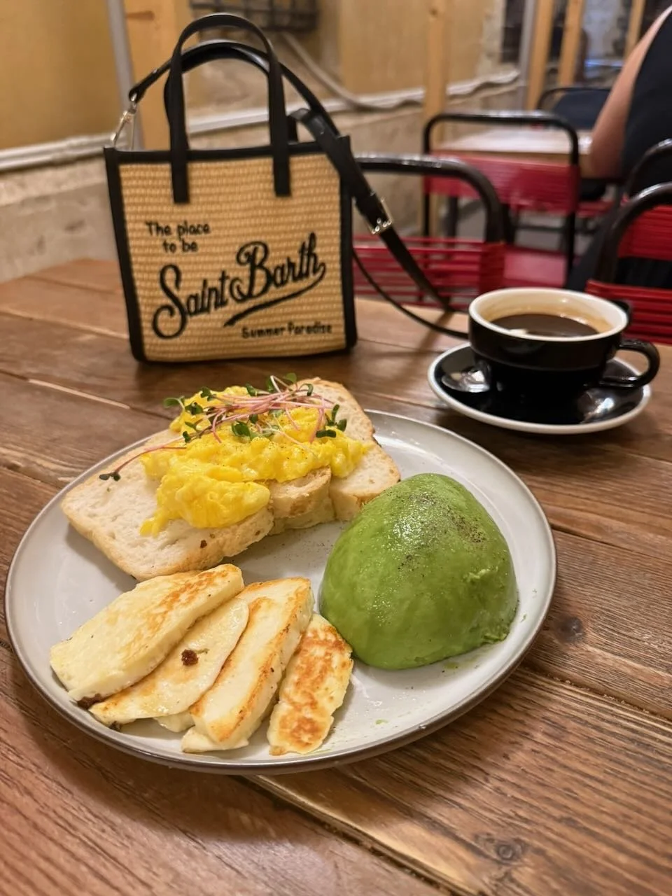 breakfast plate with halloumi avocado and eggs beside a black coffee cup