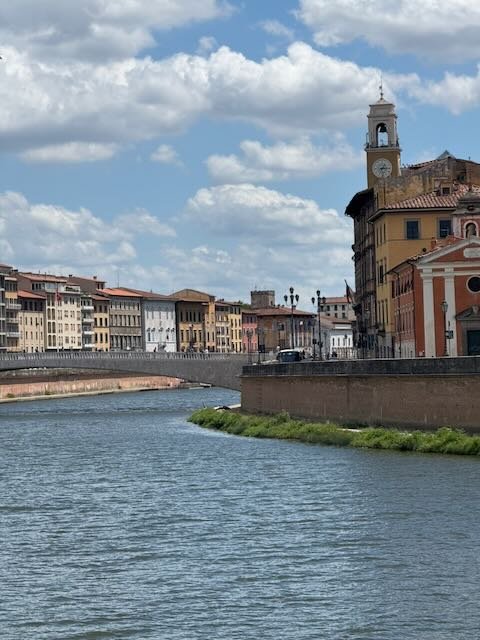 riverside view of colourful buildings and a stone bridge in pisa under a cloudy sky