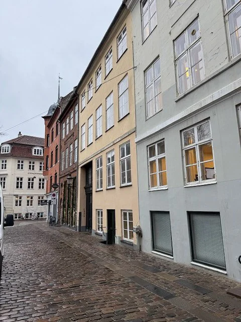 Pastel-toned Copenhagen buildings in soft winter light on a quiet street.”