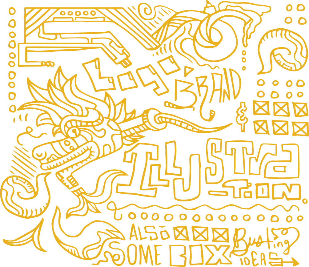 Yellow illustrative doodles on black background, including hand drawn type and various decorative elements.