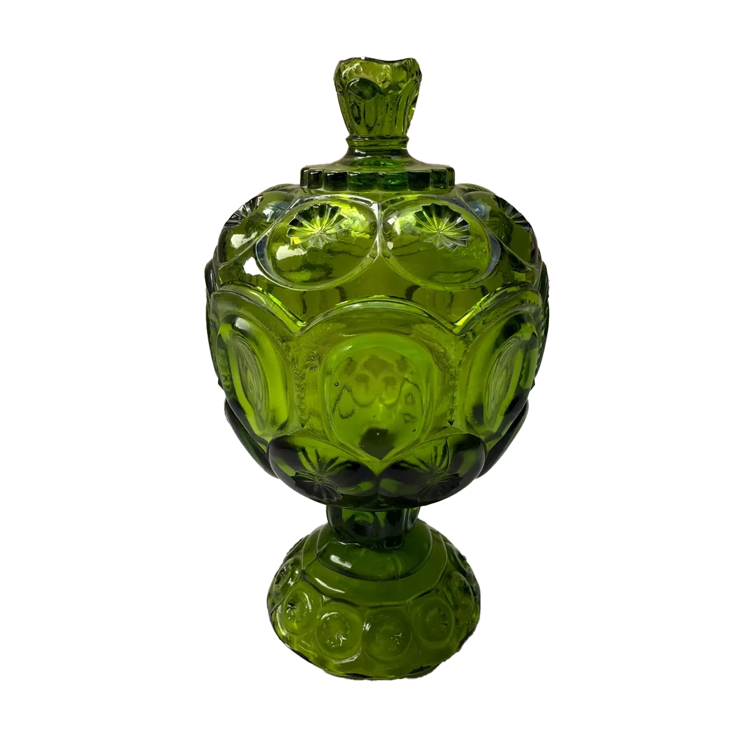 Vintage L.E. Smith Moon and Stars Green Glass Covered Compote
