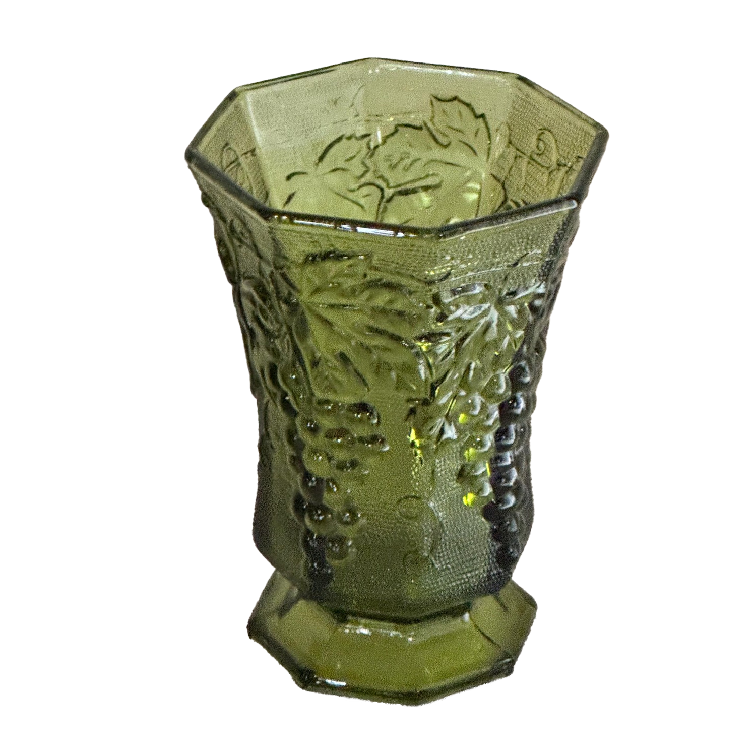 Vintage Green Vase with Pressed Glass Grape Design 