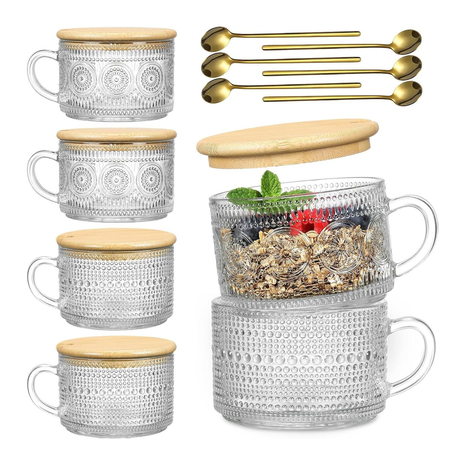 Set of 6 Glass Coffee Mugs with Bamboo Lids and Spoons