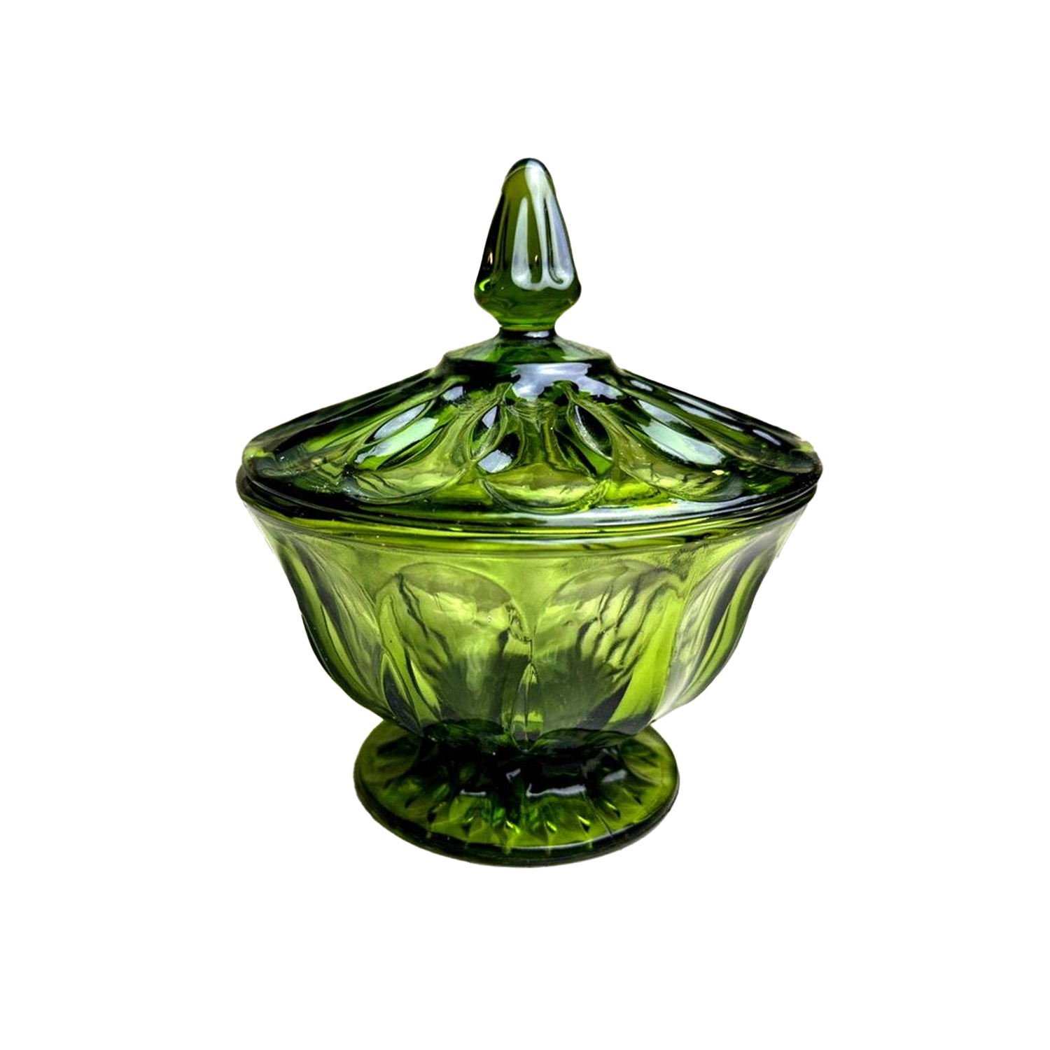 MCM Vintage Anchor Hocking Fairfield Avocado Green Lidded Candy Dish Compote