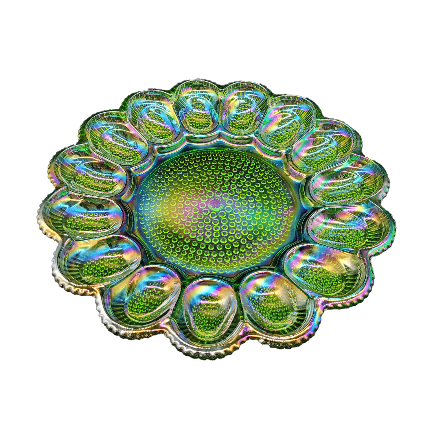 Vintage Indiana Glass Green Carnival Iridescent Deviled Egg Plate