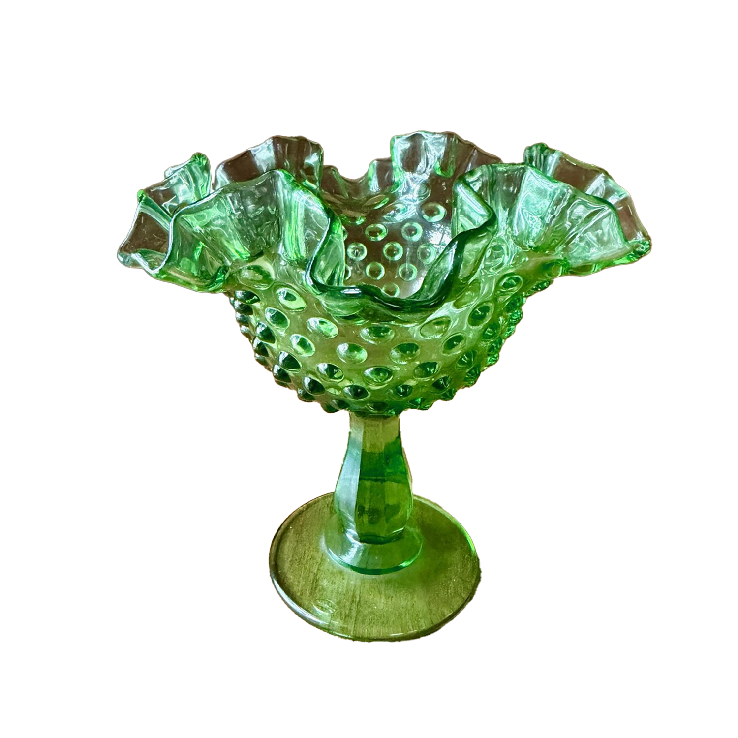 Fenton Glowing Green Hobnail Compote/Candy Dish