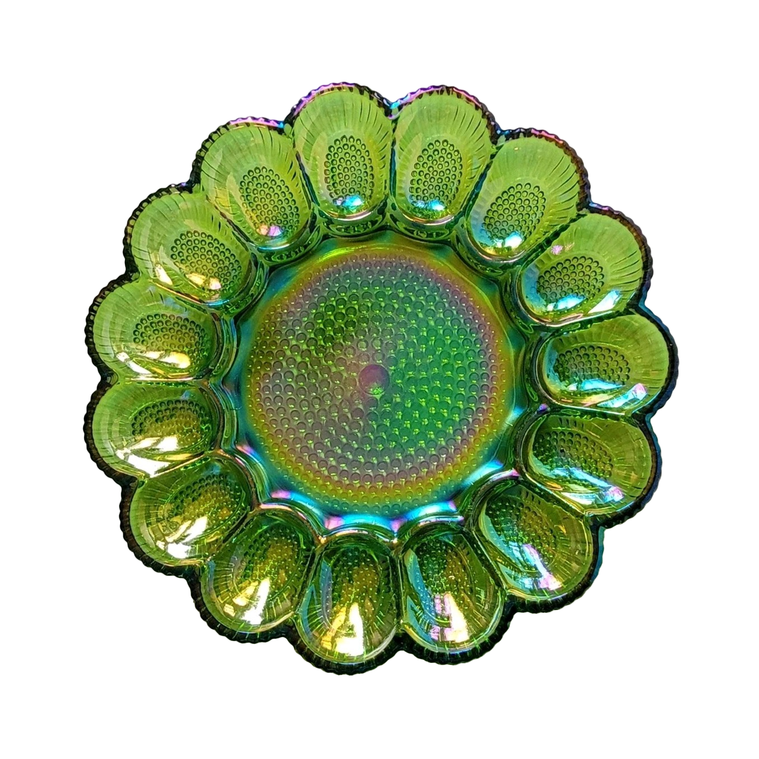 Indiana Glass Deviled Egg Plate Iridescent Green