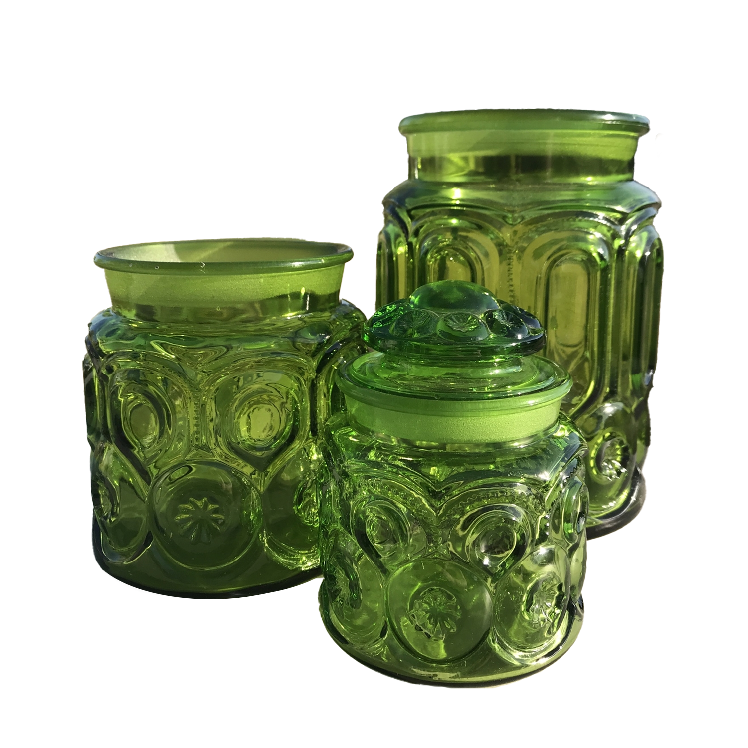 Vintage LE Smith emerald Green Moon & Stars Glass Kitchen Canisters