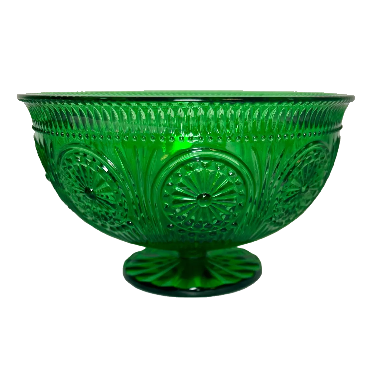 Vintage EO Brody Emerald Green Pressed Glass Pedestal Ciborium Footed Bowl 