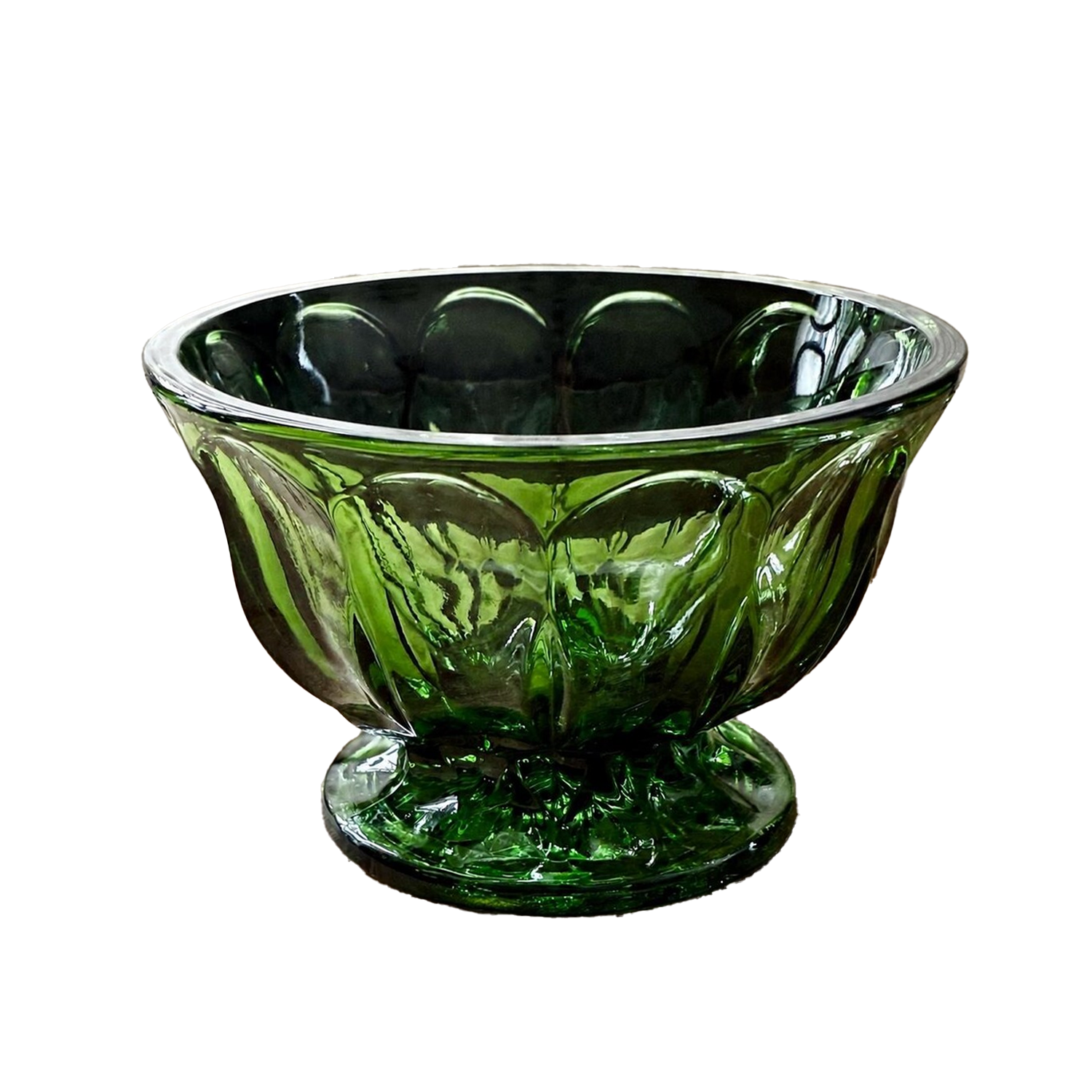 Vintage Emerald Pressed Glass Pedestal Bowl, Mid Century Compote Dish 