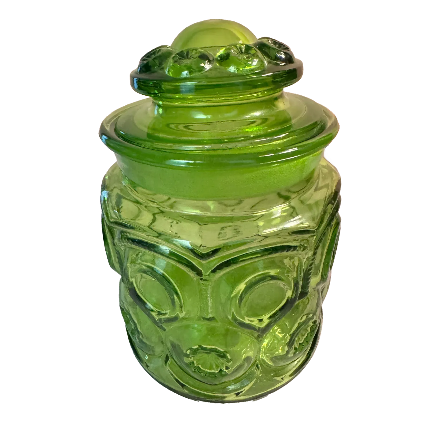 Vintage L.E. Smith Moon and Stars Green Glass Canister 7 Inch Avocado Green Lidded Jar