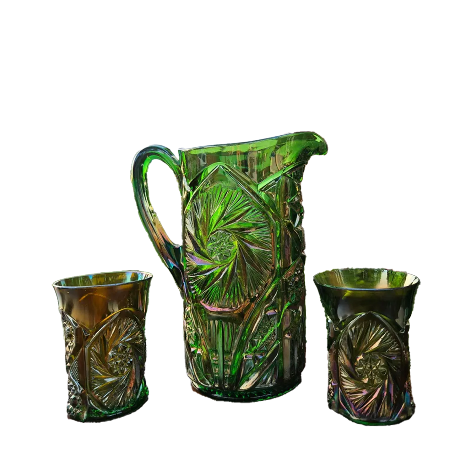 Vintage Cambridge Double Star Green Carnival Glass Water Set (Pitcher + 2 Tumblers) 