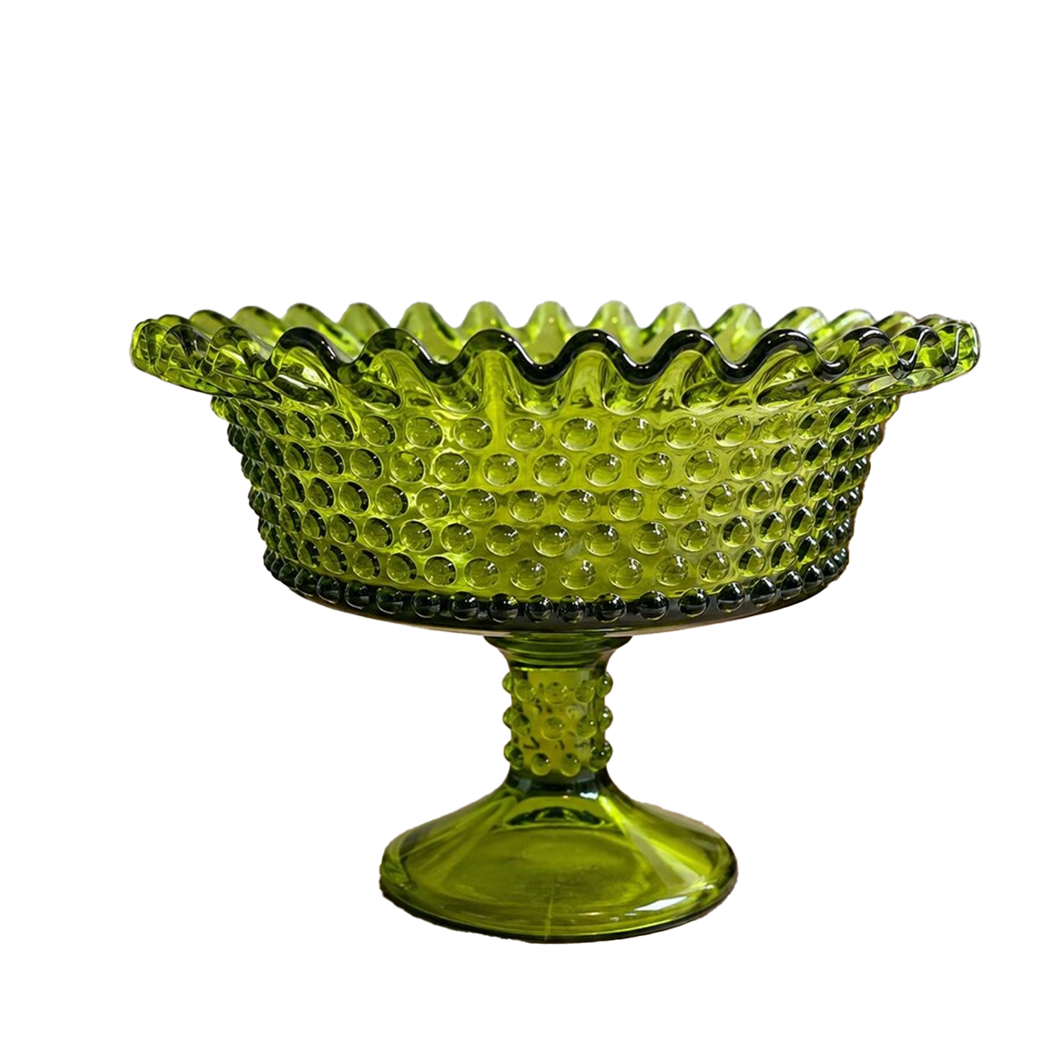 Vintage Olive Green Hobnail Pedestal Compote Bowl