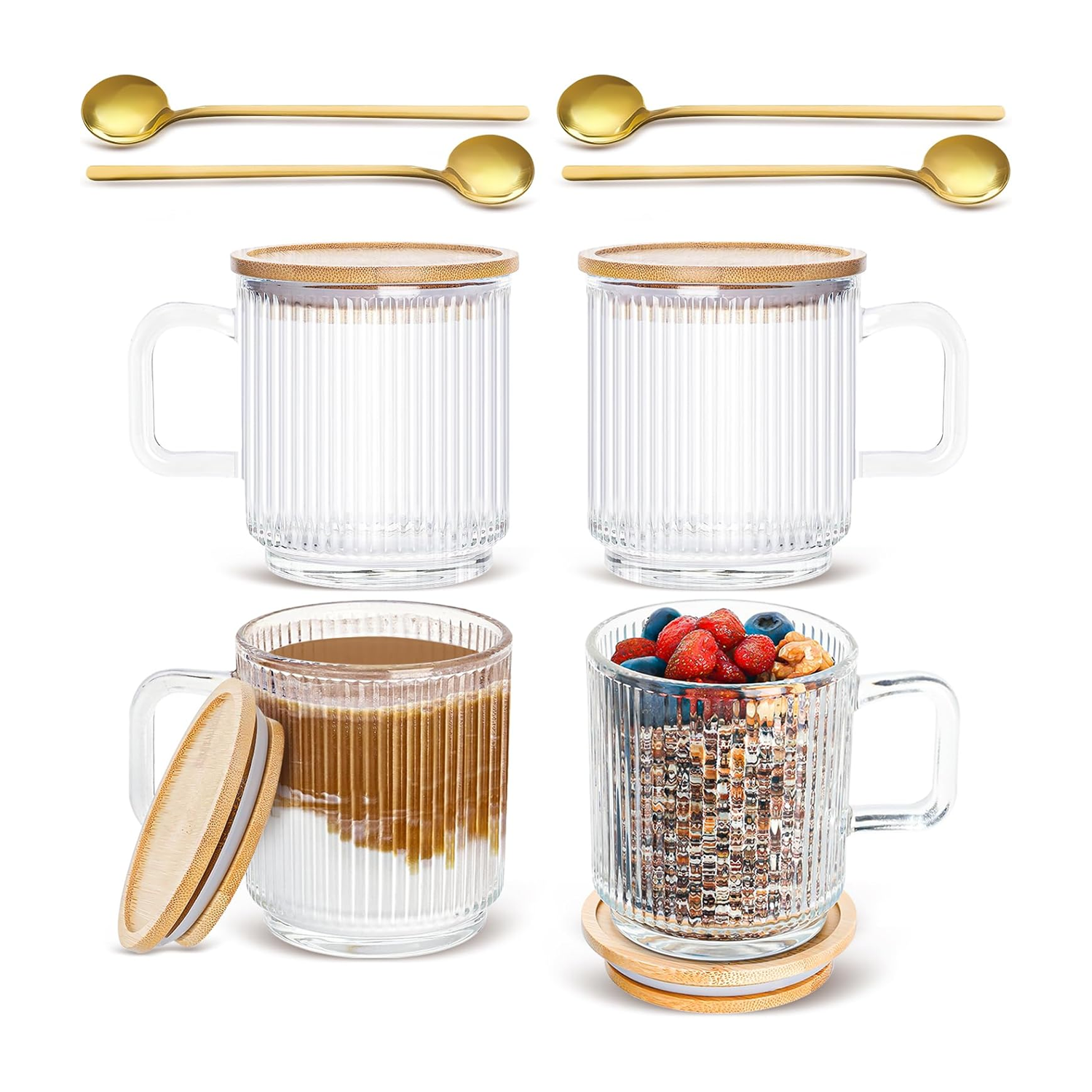 Set of 4 Glass Coffee Mugs with Bamboo Lids and Spoons