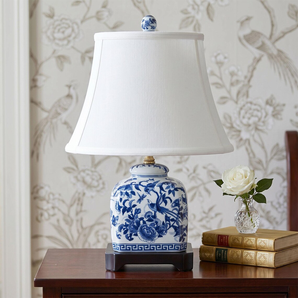 Square Blue and White Porcelain Table Lamp