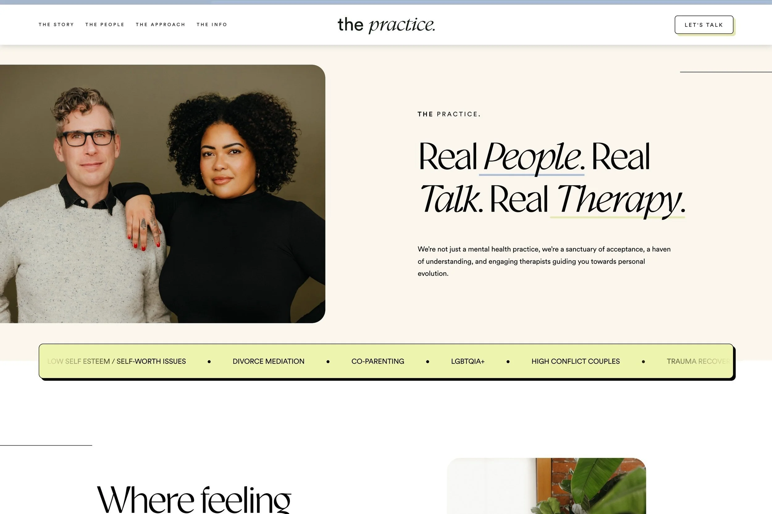 The image features a website homepage for 'the practice,' a mental health and therapy service. It displays a large photo of a diverse pair of therapists, a man with glasses and a woman with curly hair, against a neutral background. Text on the site emphasizes real people, real talk, and real therapy, with navigation links such as 'The Story,' 'The People,' 'The Approach,' and 'The Info.'