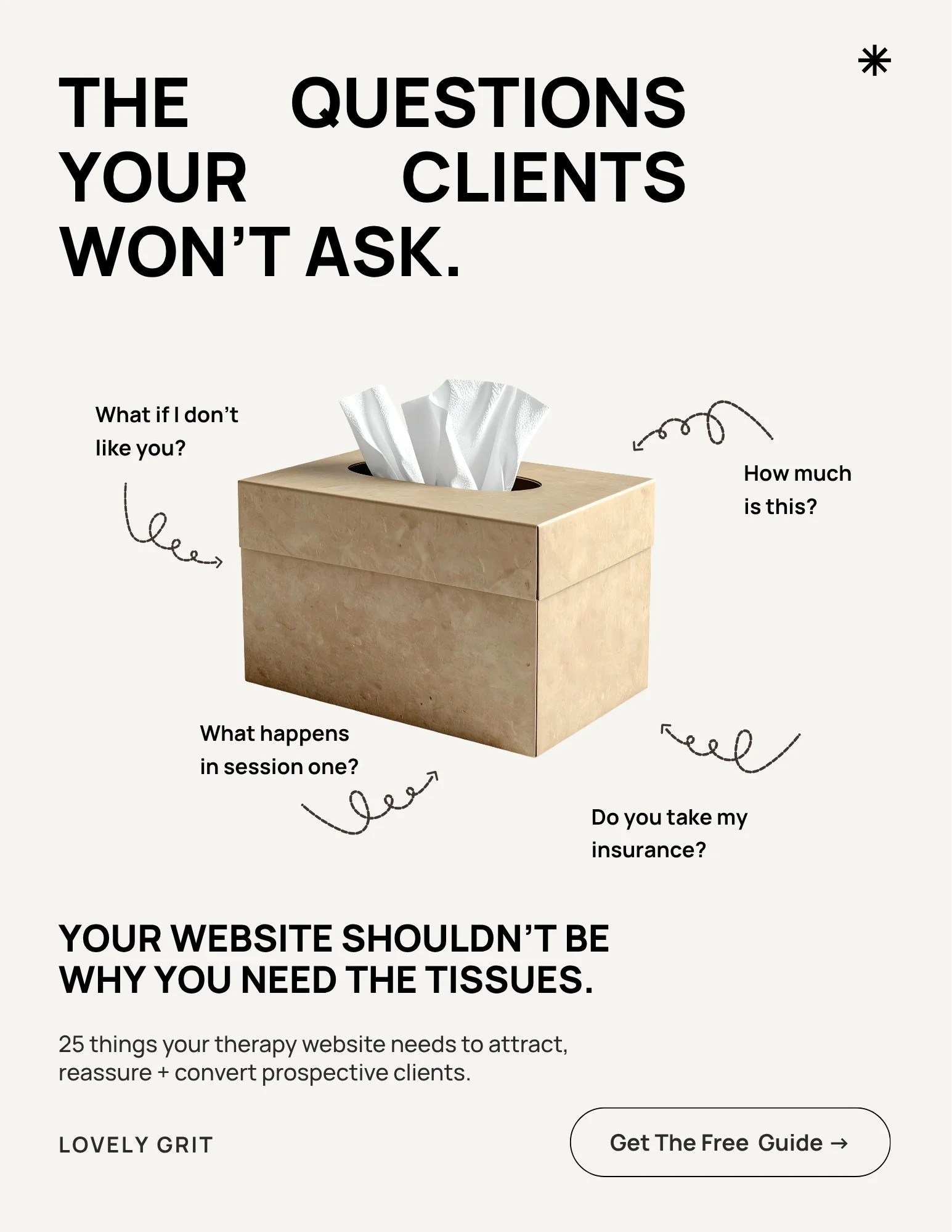25 Therapist Website Essentials - No Tissues Required - Your website shouldn&rsquo;t bring you to tears. 

Get our free Therapist Website Guide for 25 essentials to help your private practice website attract, reassure, and convert prospective clients