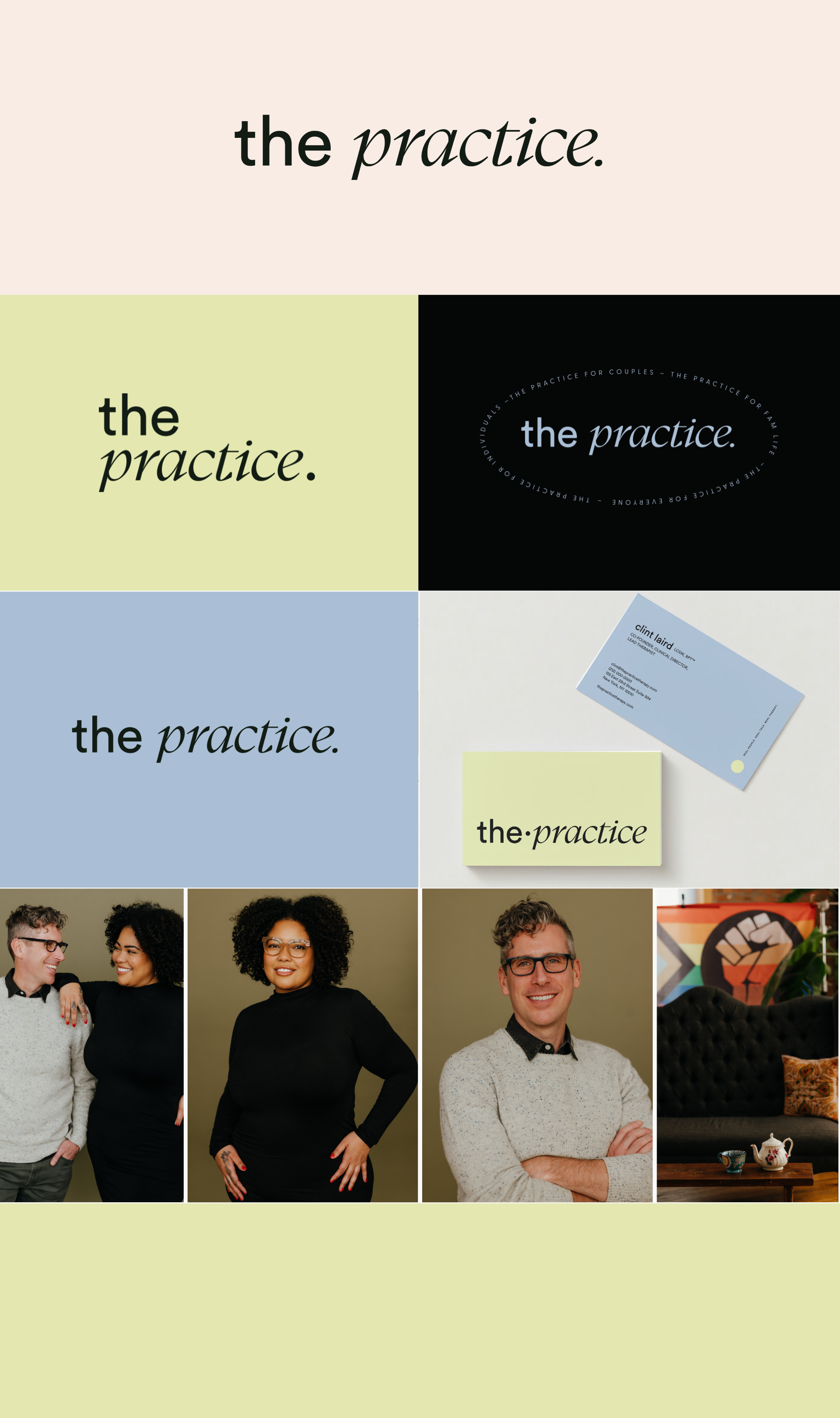 Collage of images with text 'the practice.' in different styles and colors, portrait photos of diverse smiling people, business cards, and an interior shot of a cozy room with a flag and wall art.