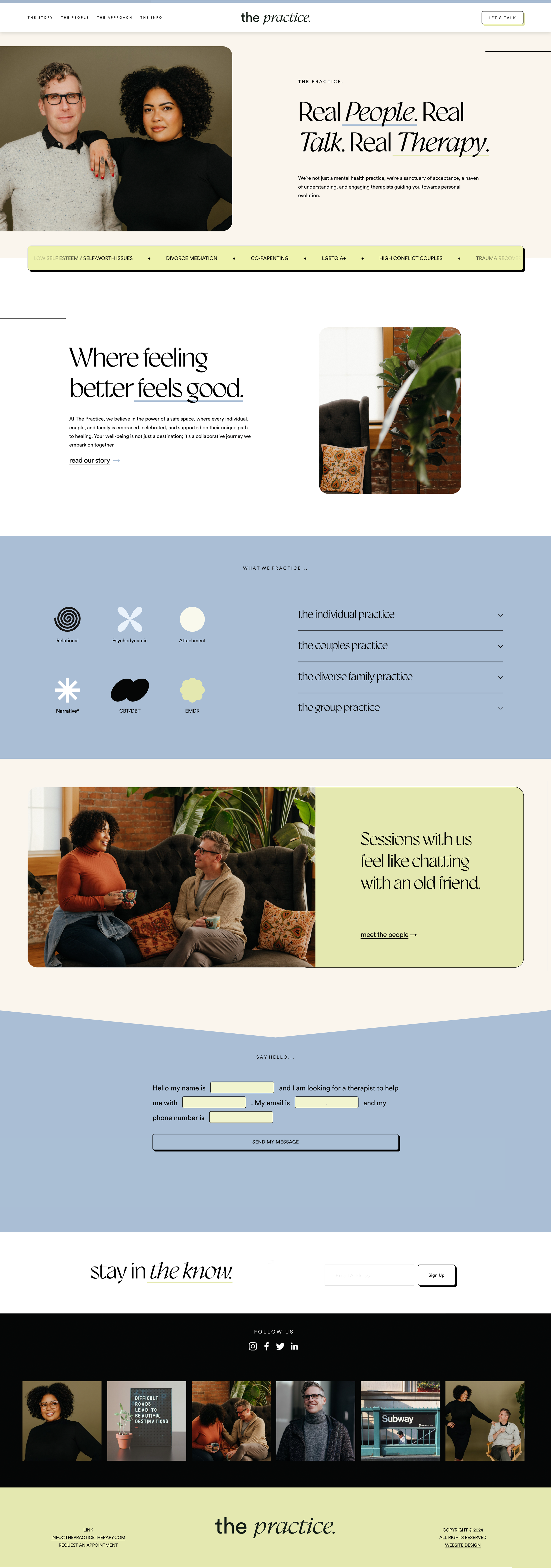 The webpage features a welcoming message and a photo of a diverse, confident man and woman standing together, representing genuine connection and therapy services.
