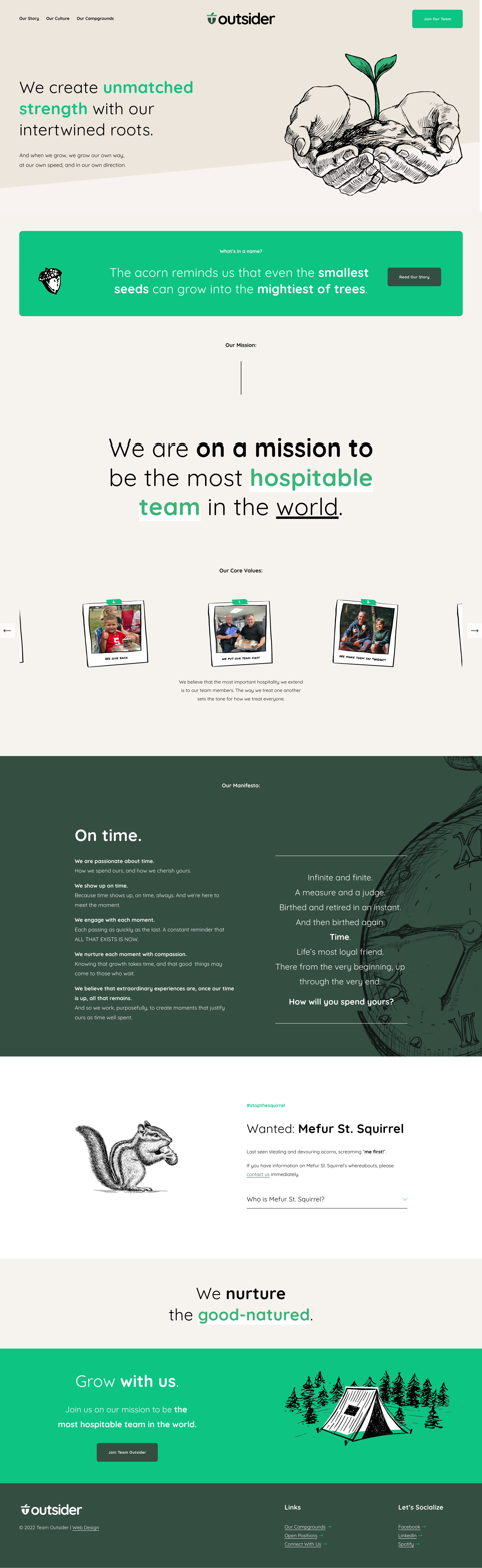 Screenshot of a website homepage for 'Outsider,' featuring a mountain outline background and text about their team and outdoor hospitality experiences, including a 'Join Our Team' button.