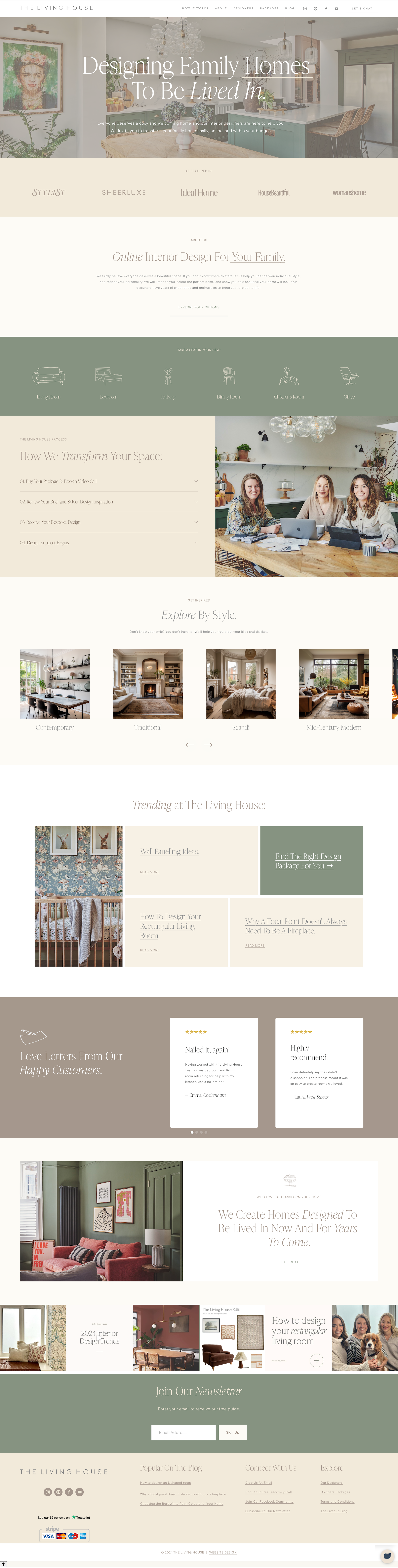 Homepage of a website titled 'The Living House' with a background image of a modern kitchen featuring a white countertop, green cabinets, decorative pendant lights, and artwork on the wall, promoting interior design services for family homes.
