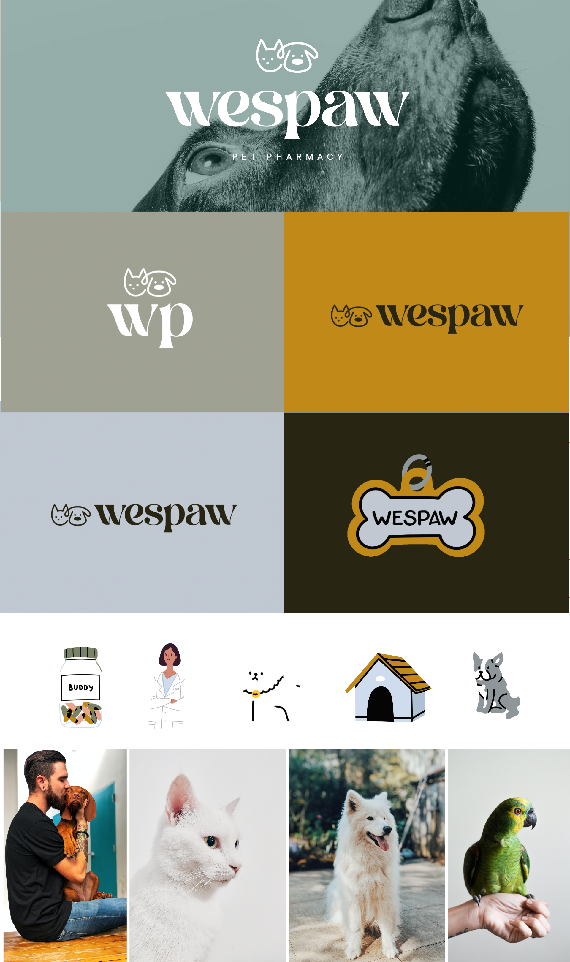 Screenshot of Wespaw pet pharmacy website homepage featuring the slogan "The pet pharmacy where caring isn’t a courtesy, it’s a given" with illustrations of a female veterinarian, a dog house, a medication bottle labeled "Buddy," and other pet-related icons.