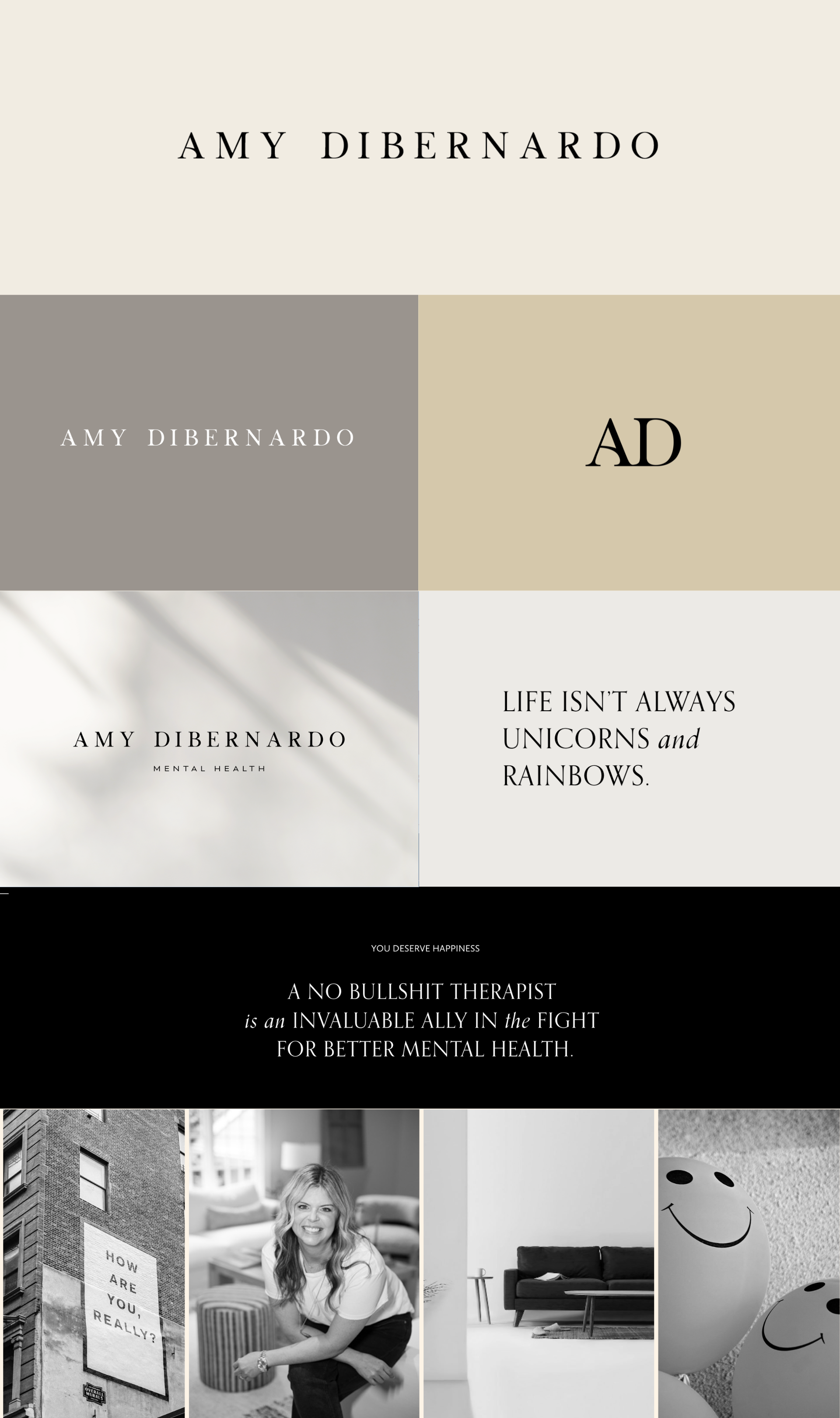 Webpage screenshot for Amy DiBernardo's therapy services, featuring a smiling woman, a black and white building with a sign reading "How are you, really?", and text about mental health topics.