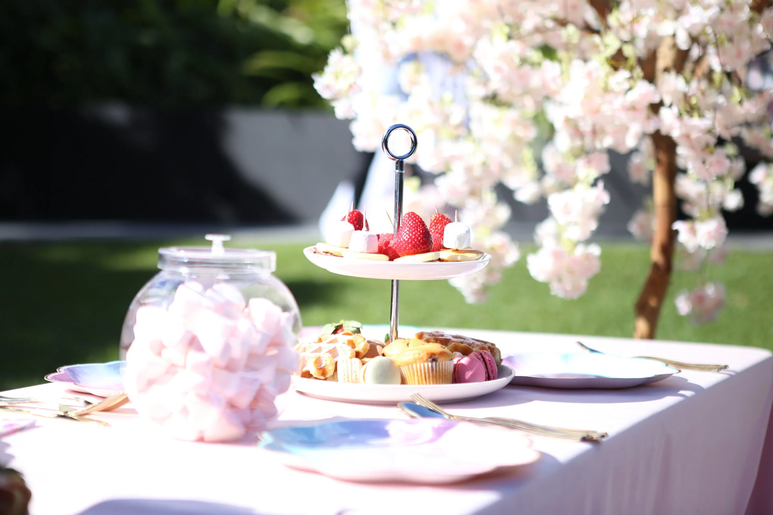 Outdoor table with a pink cloth, featuring a tiered stand with strawberries and whipped cream, a glass jar of pink marshmallows, and assorted pastries, with blooming pink cherry blossoms and green grass in the background.