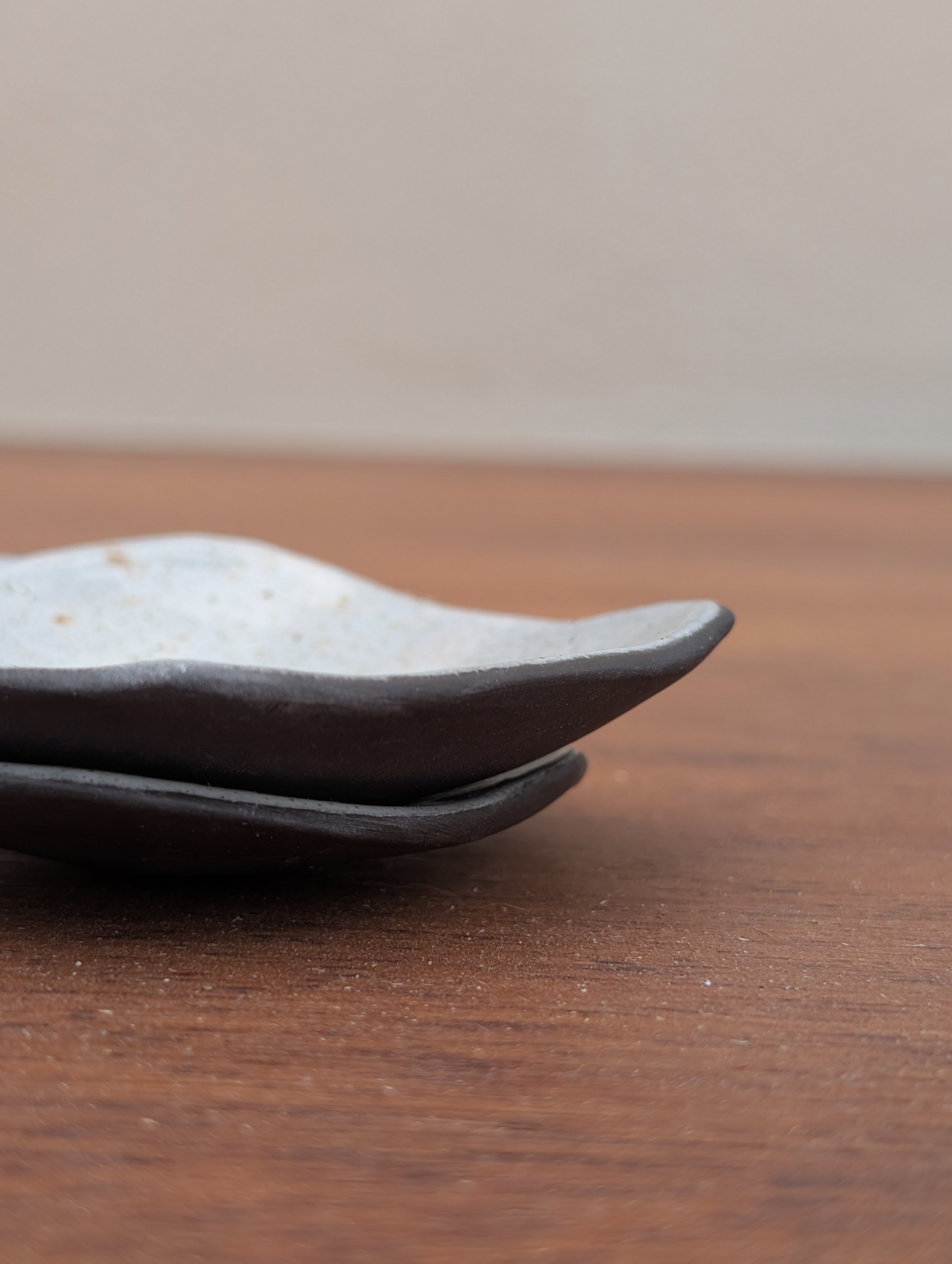 Two stacked black and brown ceramic plates on a wooden surface with a blurred plain background.