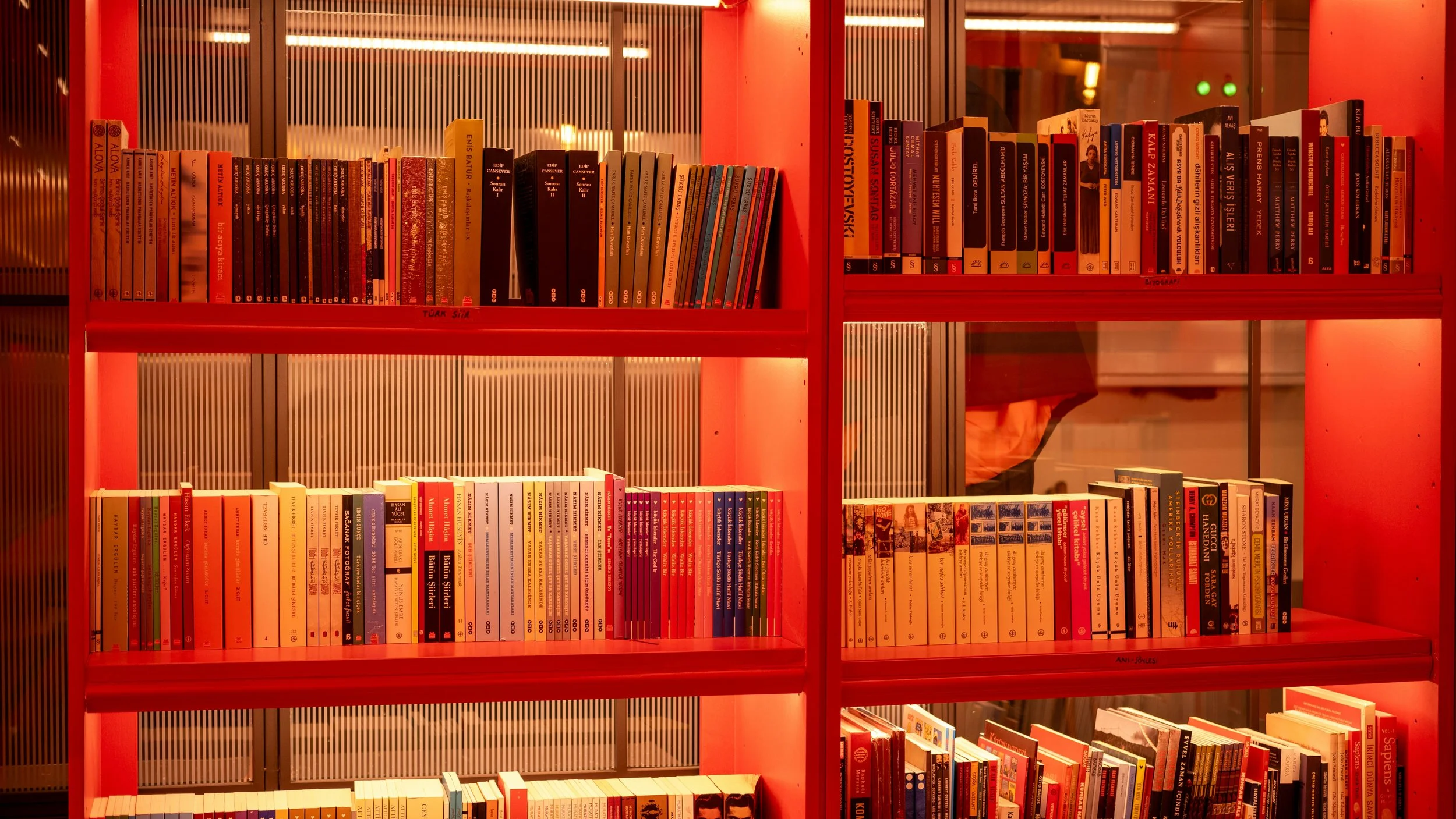 Library books on orange shelving