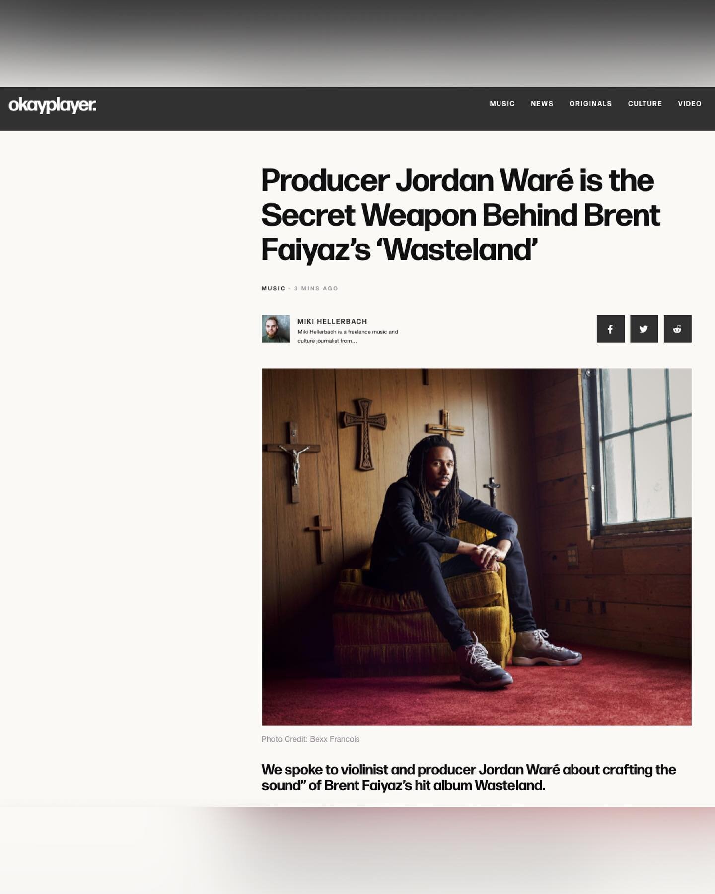 Super dope article from @okayplayer on my craft, my music and the creation of Wasteland! Big thanks to @mikihellerbach for the write up! Link in bio 🙏🏽🙏🏽🙏🏽

📸 by @bexxfrancois 

#heisjordanwar&eacute; #wasteland #brentfaiyaz #producer #violini