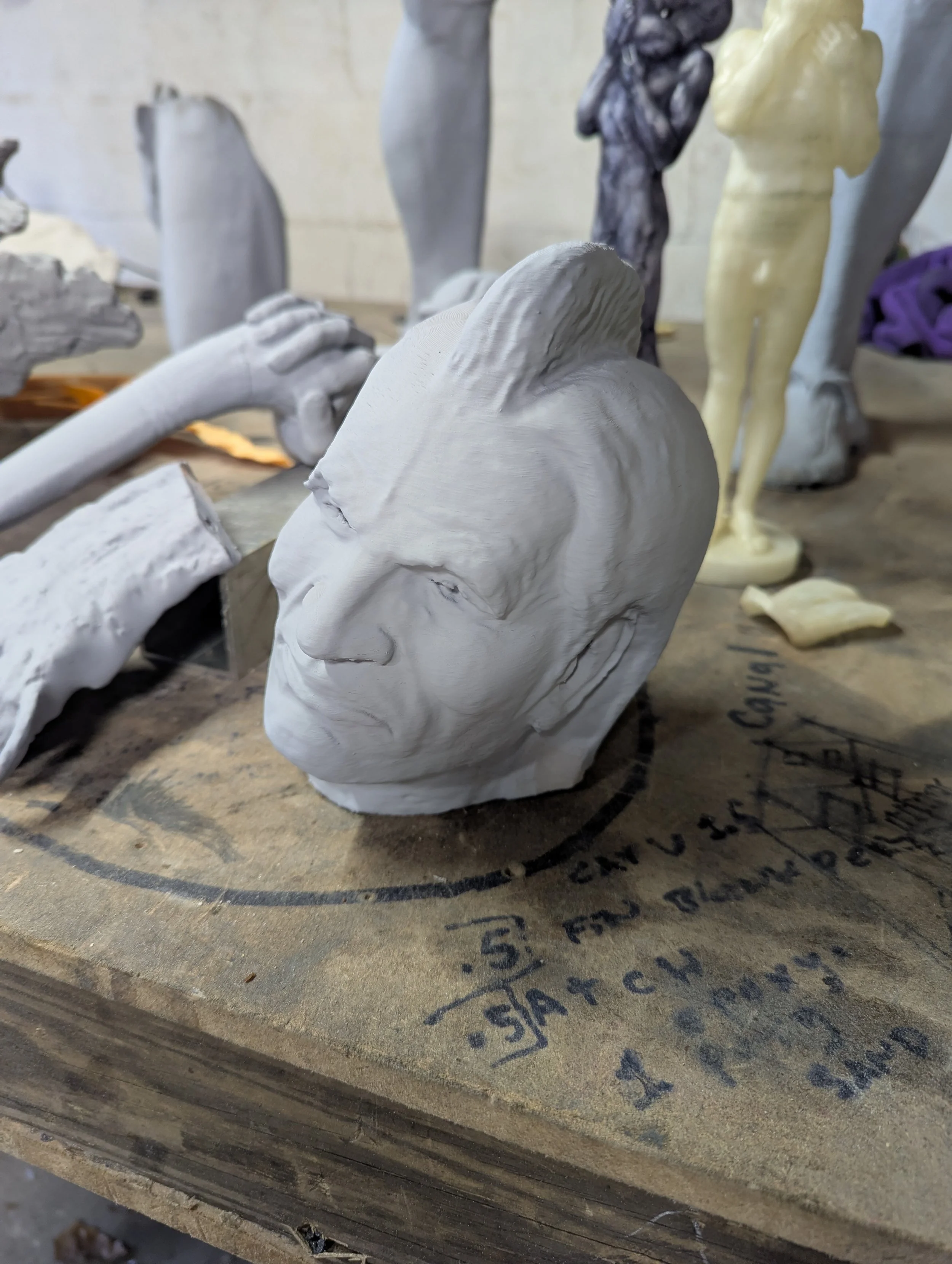 3D-printed head detail — sculptural pattern in the workshop.