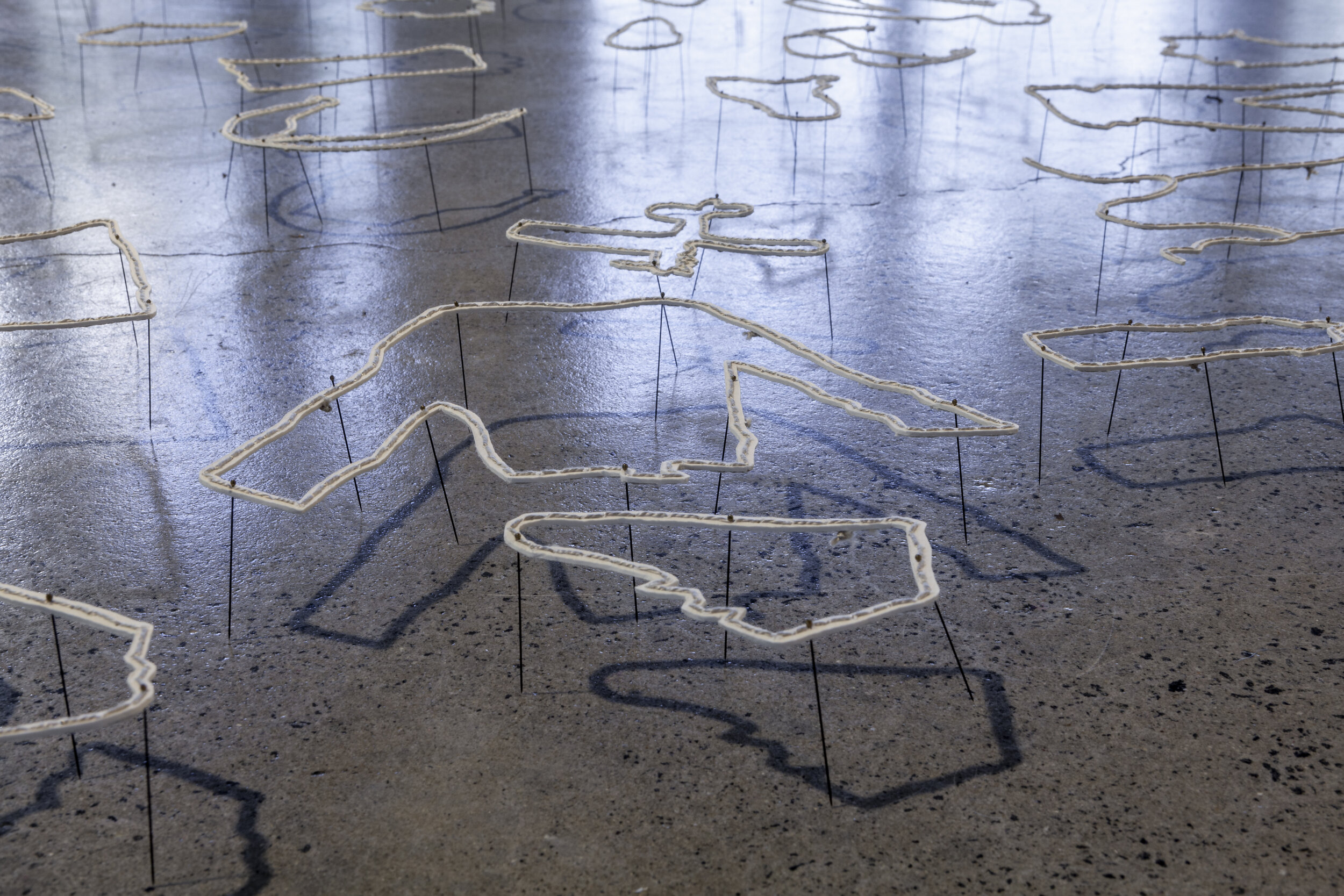 Niomi Sands, where the lost things go I, 2019, cotton, Arches paper, entomology pins, table, stool and sewing equipment (installation detail, Grey Street Gallery QCA) Courtesy of the artist. Photographer Andrew Willis