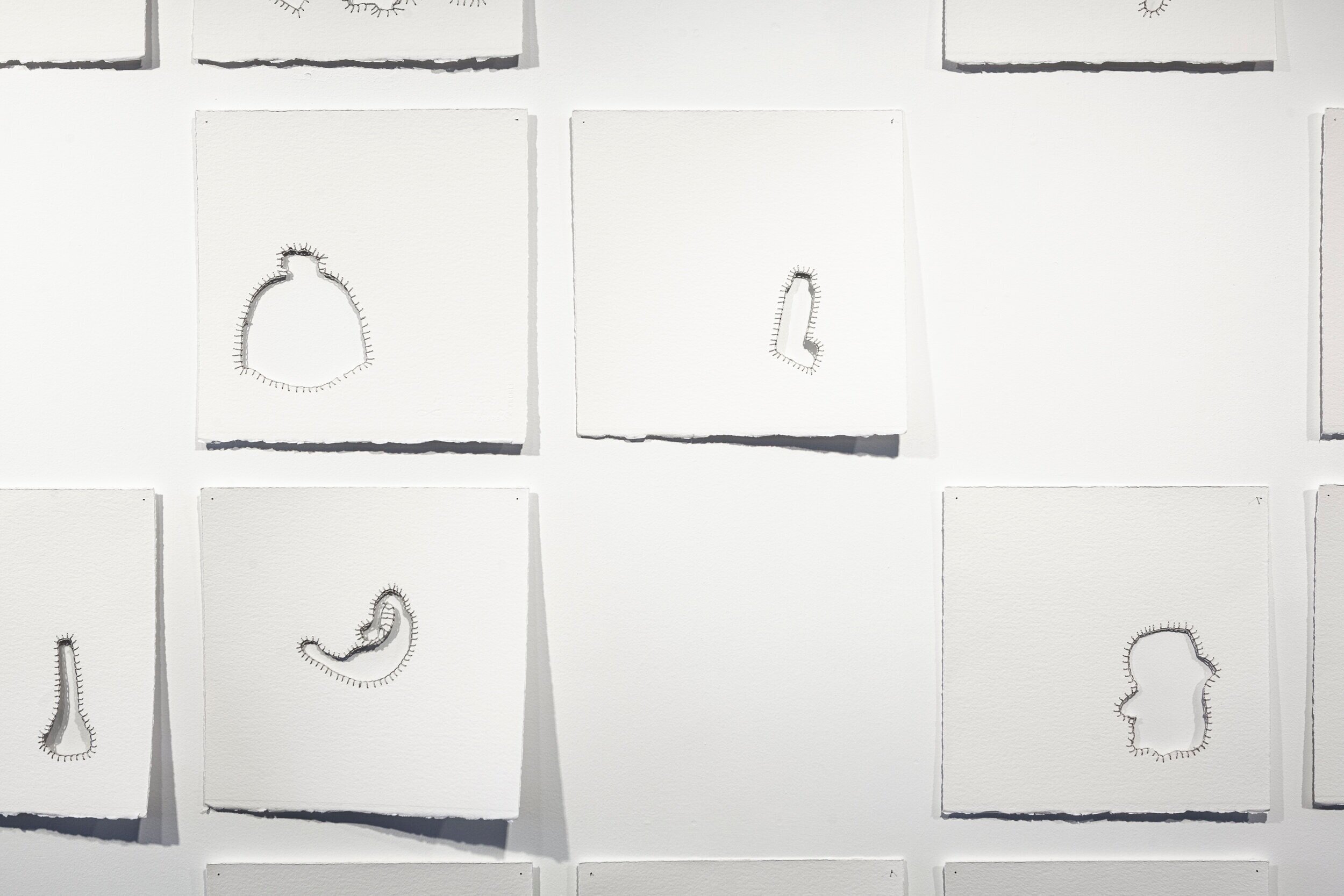 Niomi Sands, where the lost things go II, 2019, cotton, Arches paper and pins (installation and detail, Grey Street Gallery QCA) Courtesy of the artist. Photographer Andrew Willis