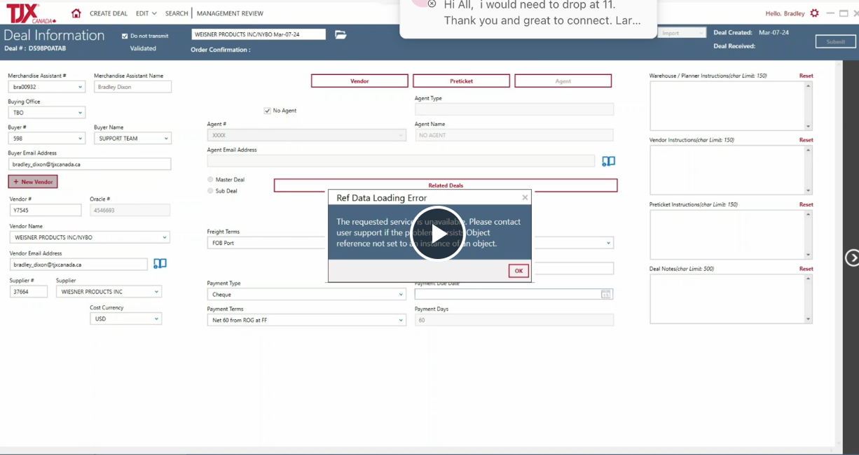 A computer screen showing a deal information form for a transaction with fields for vendor, buyer, agent, and other details, along with an error message pop-up stating 'Ref Data Loading Error' and instructions to contact user support.