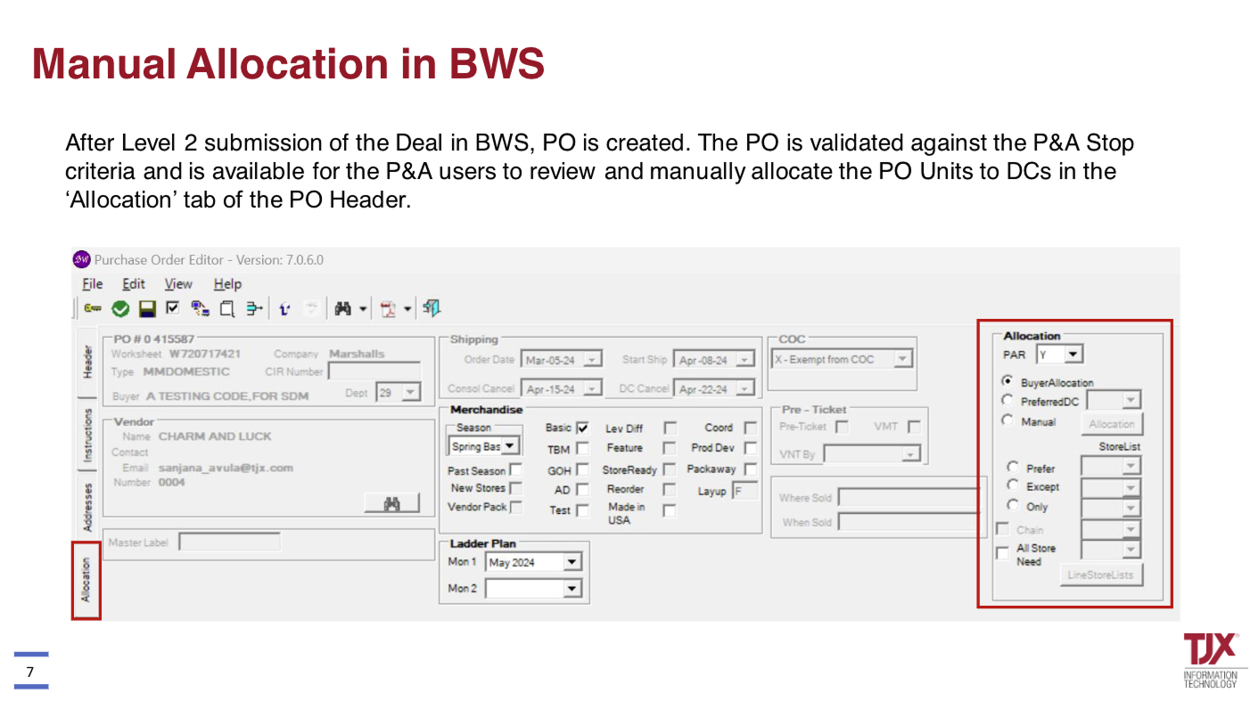 Screenshot of a purchase order editing software with manual allocation options highlighted on the right, including flags for buyer allocation, preferred DC, and manual allocation choices.