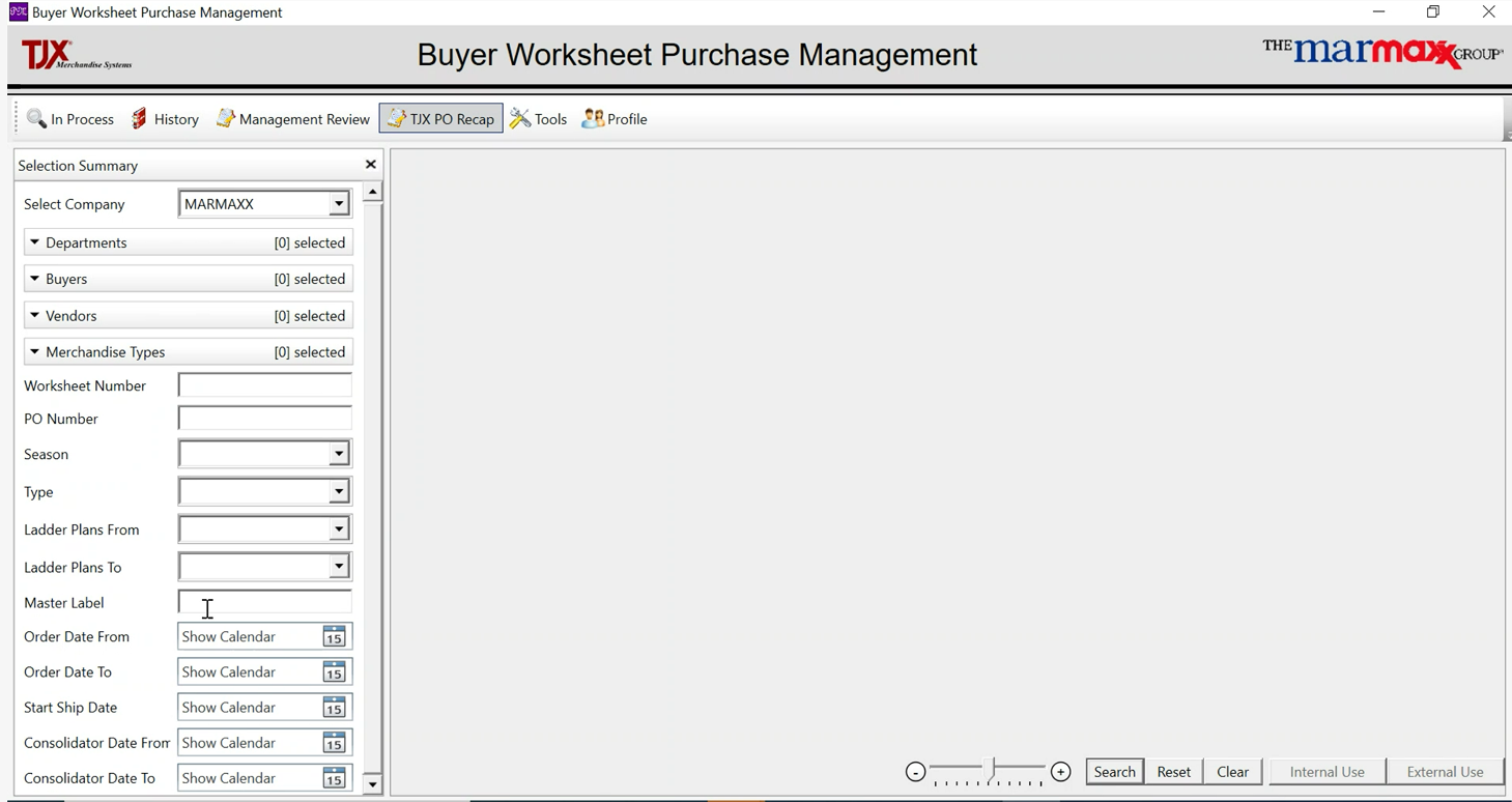 Screenshot of a computer application called Buyer Worksheet Purchase Management, with options to select company, department, buyers, vendors, merchandise types, and enter worksheet details, dates, and labels.