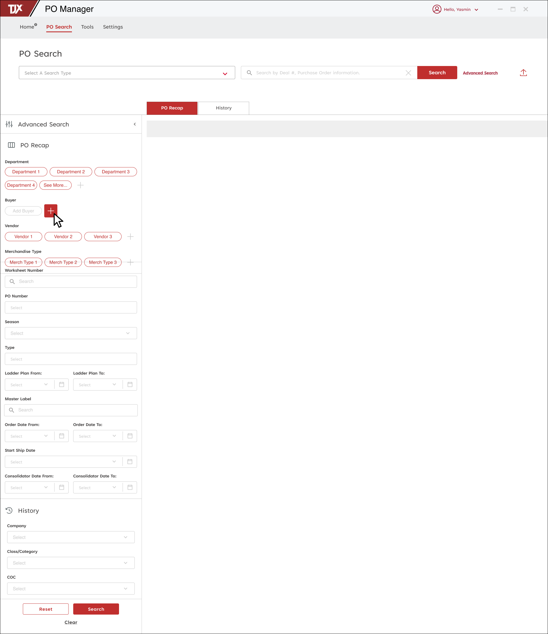 Screenshot of a PO Manager software interface with options for searching purchase orders, including fields for department, vendor, merchandise type, worksheet number, PO number, season, type, ladder plan, master label, order date, start ship date, and consolidator date. The left sidebar contains advanced search filters and a history section, with a red 'Search' button at the bottom.