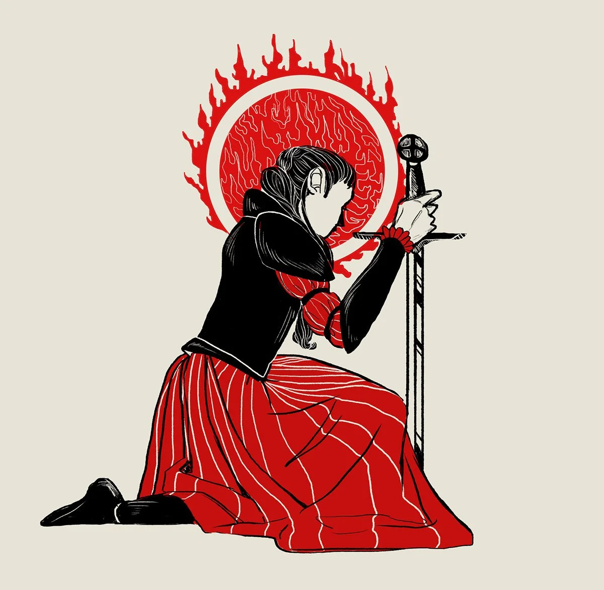 A stylized illustration of a woman kneeling with her head bowed, holding a sword with a cross-shaped pommel. She wears a red striped skirt and a black jacket, with a red bracelet on her wrist. Behind her, a red circular symbol with flames surrounds h