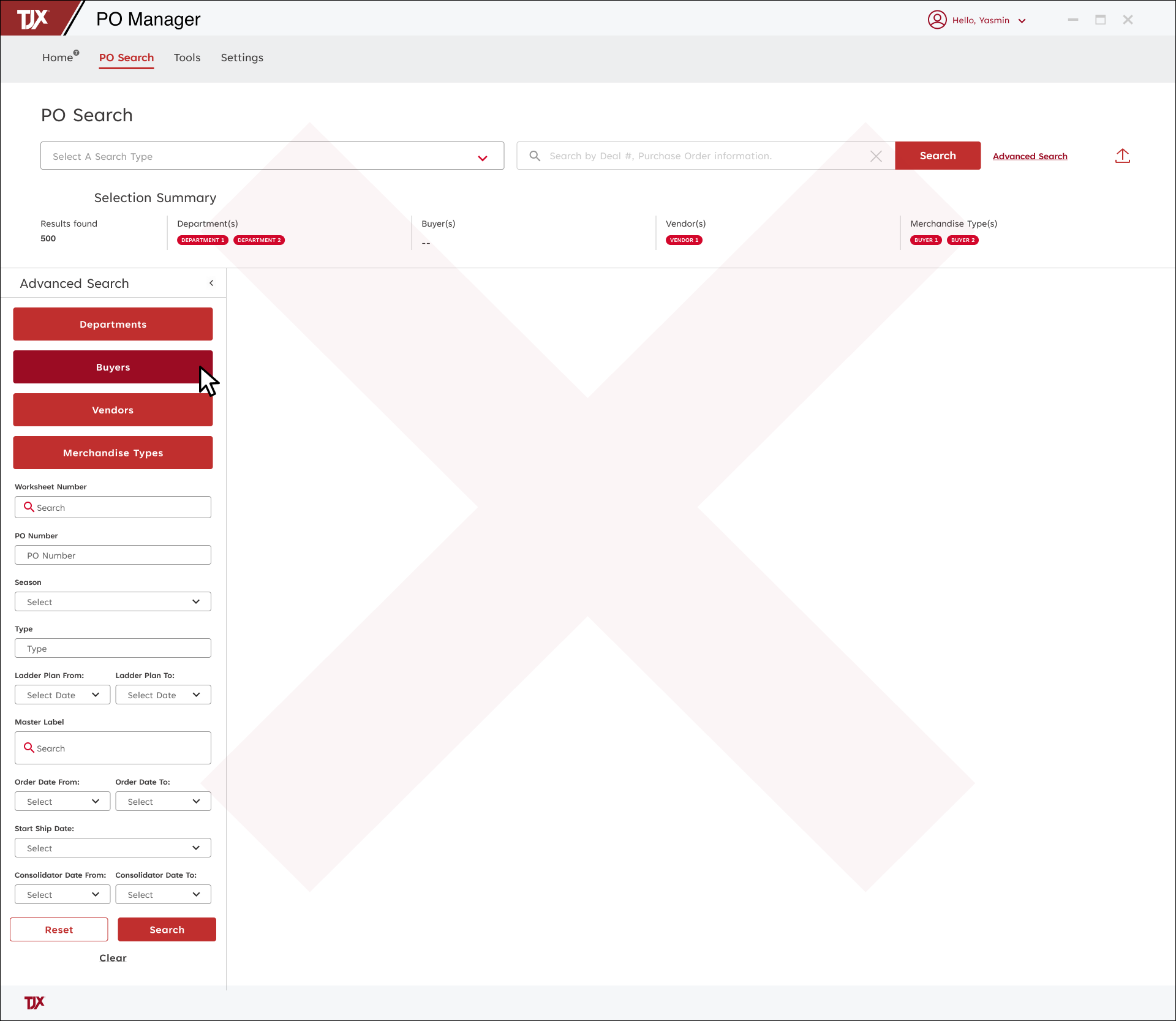 Screenshot of a PO Manager software interface with a search function for purchase orders and options for advanced search criteria, including departments, buyers, vendors, and merchandise types, on a computer screen.